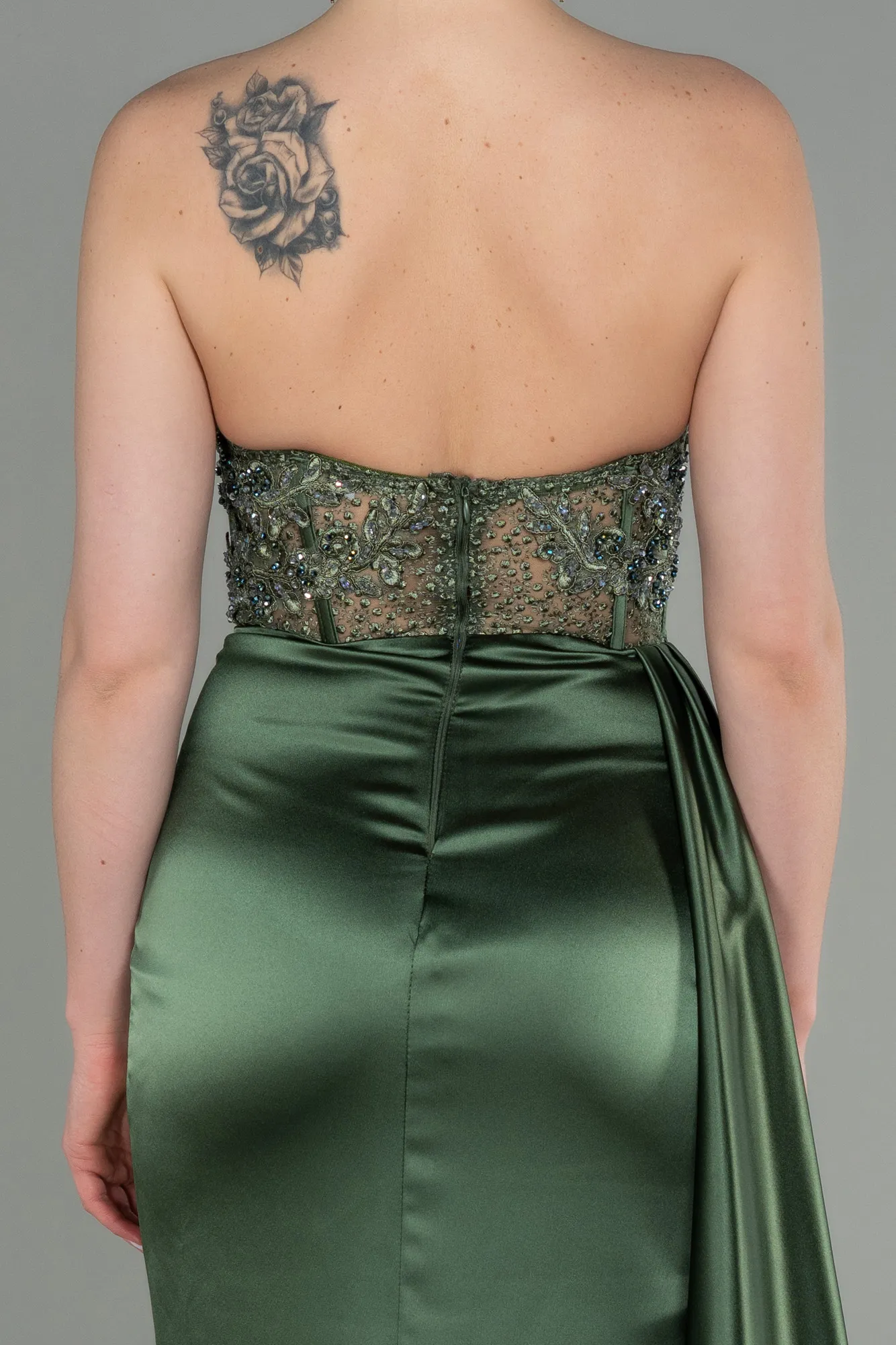 Oil Green-Long Satin Evening Dress ABU3447