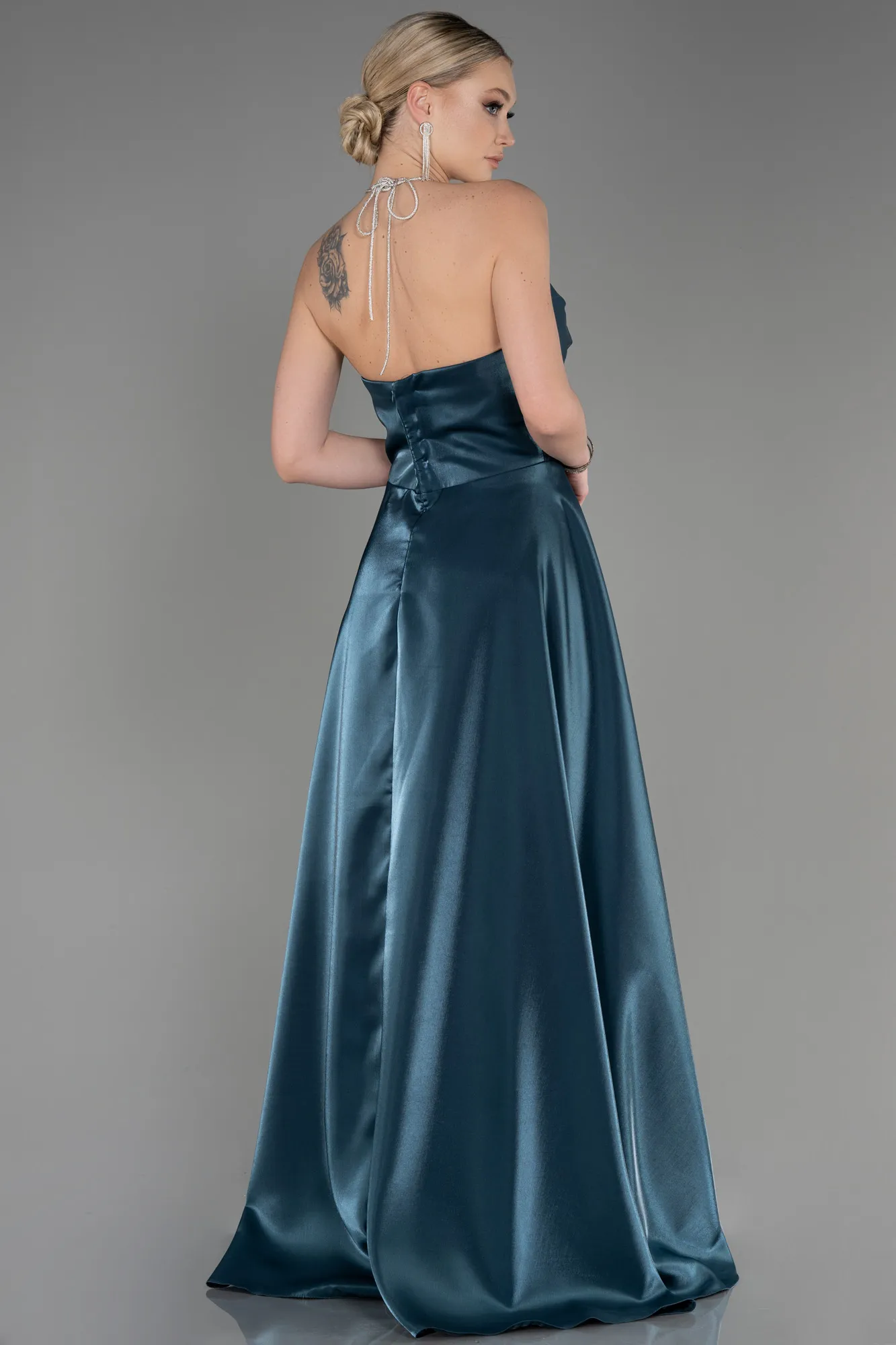 Oil Green-Long Satin Evening Dress ABU3755