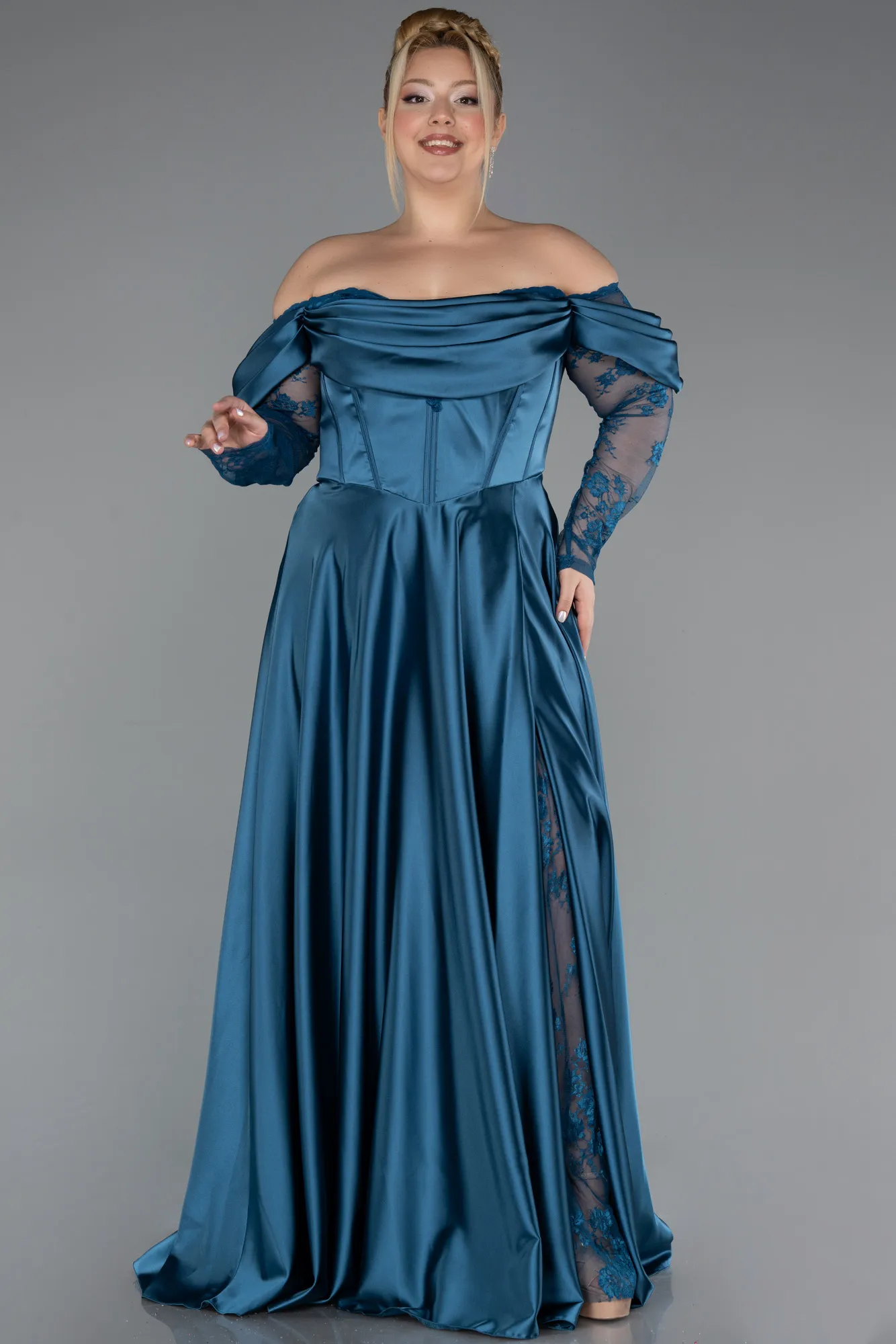 Oil Green-Long Satin Formal Plus Size Dress ABU5261