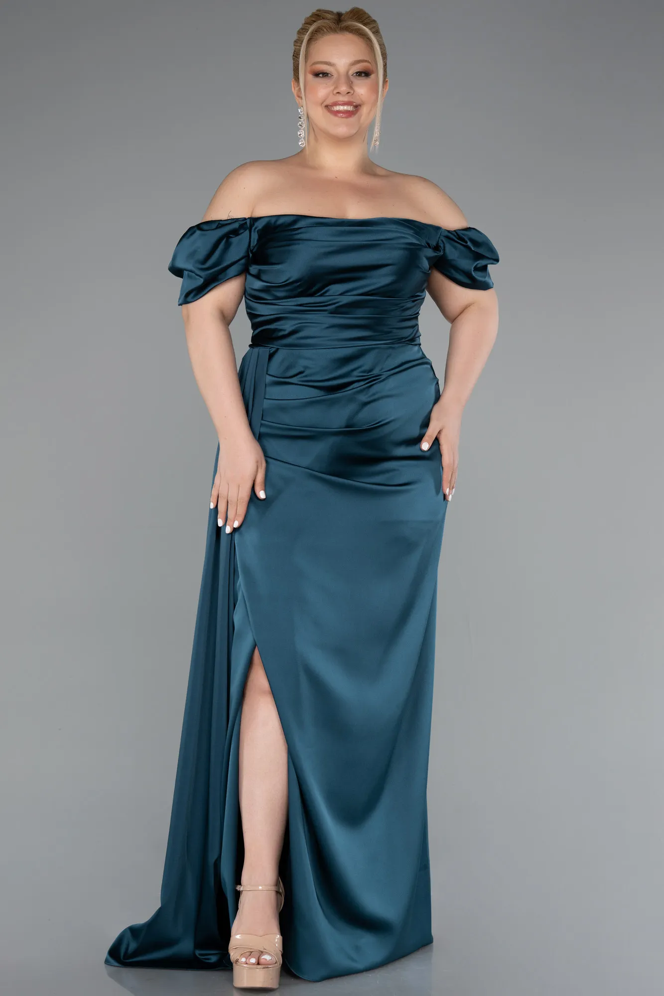 Oil Green-Long Satin Plus Size Evening Dress ABU1626