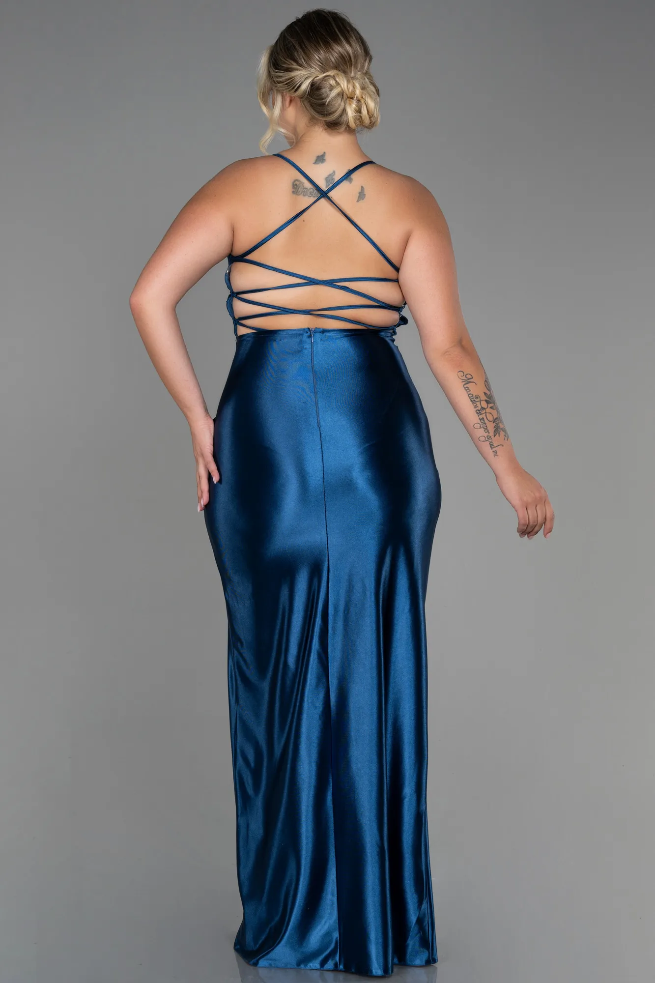 Oil Green-Long Satin Plus Size Evening Dress ABU3053