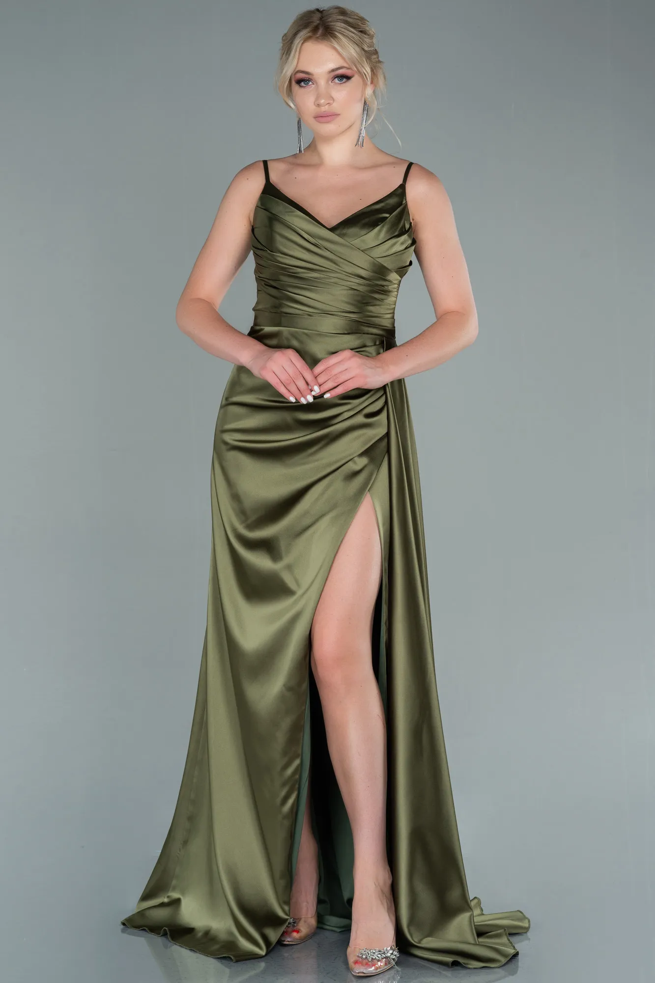 Oil Green-Long Satin Prom Gown ABU2273