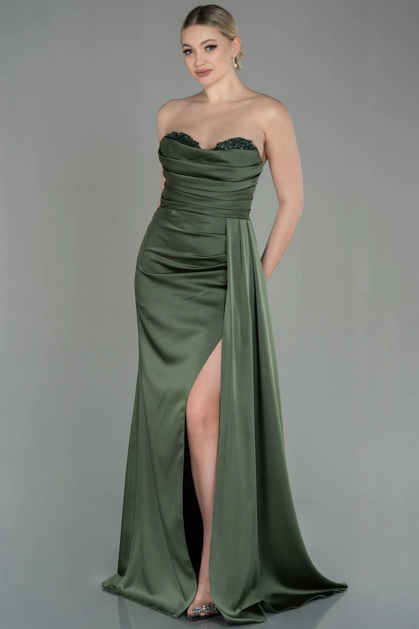 Oil Green-Long Satin Prom Gown ABU2965
