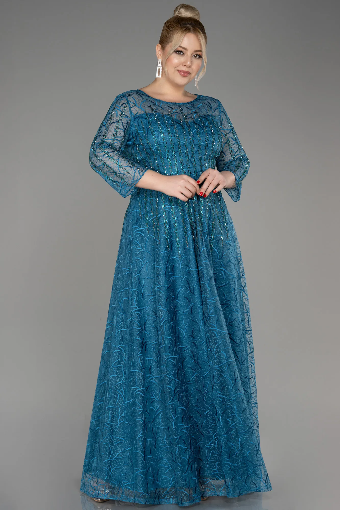 Oil Green-Long Sleeve Laced Plus Size Evening Dress ABU3932