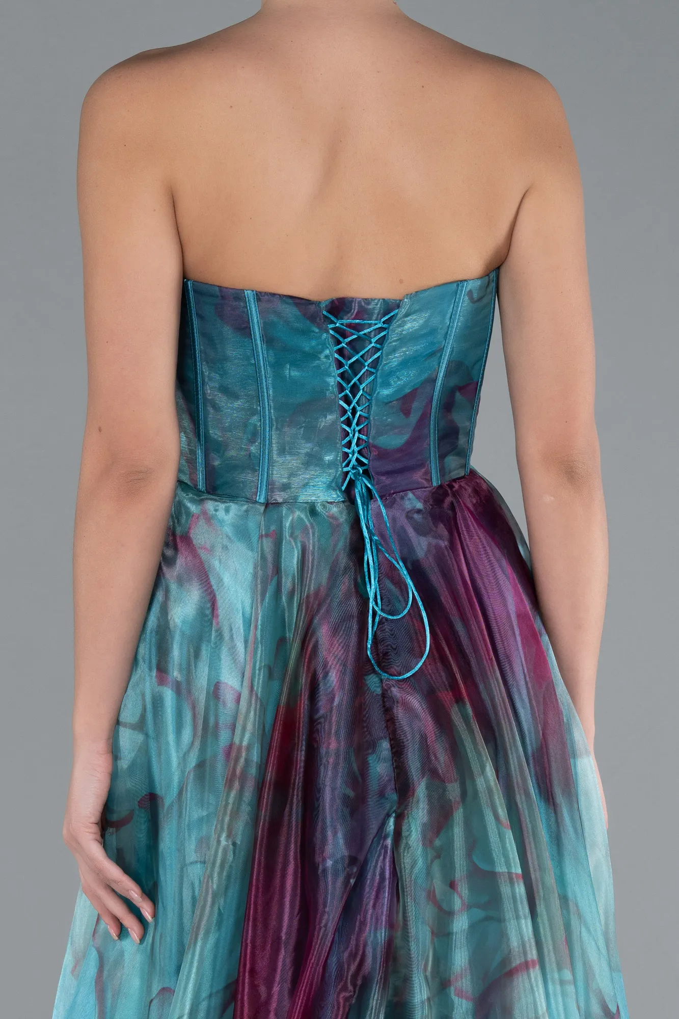 Oil Green-Strapless Printed Slit Long Prom Gown ABU4734