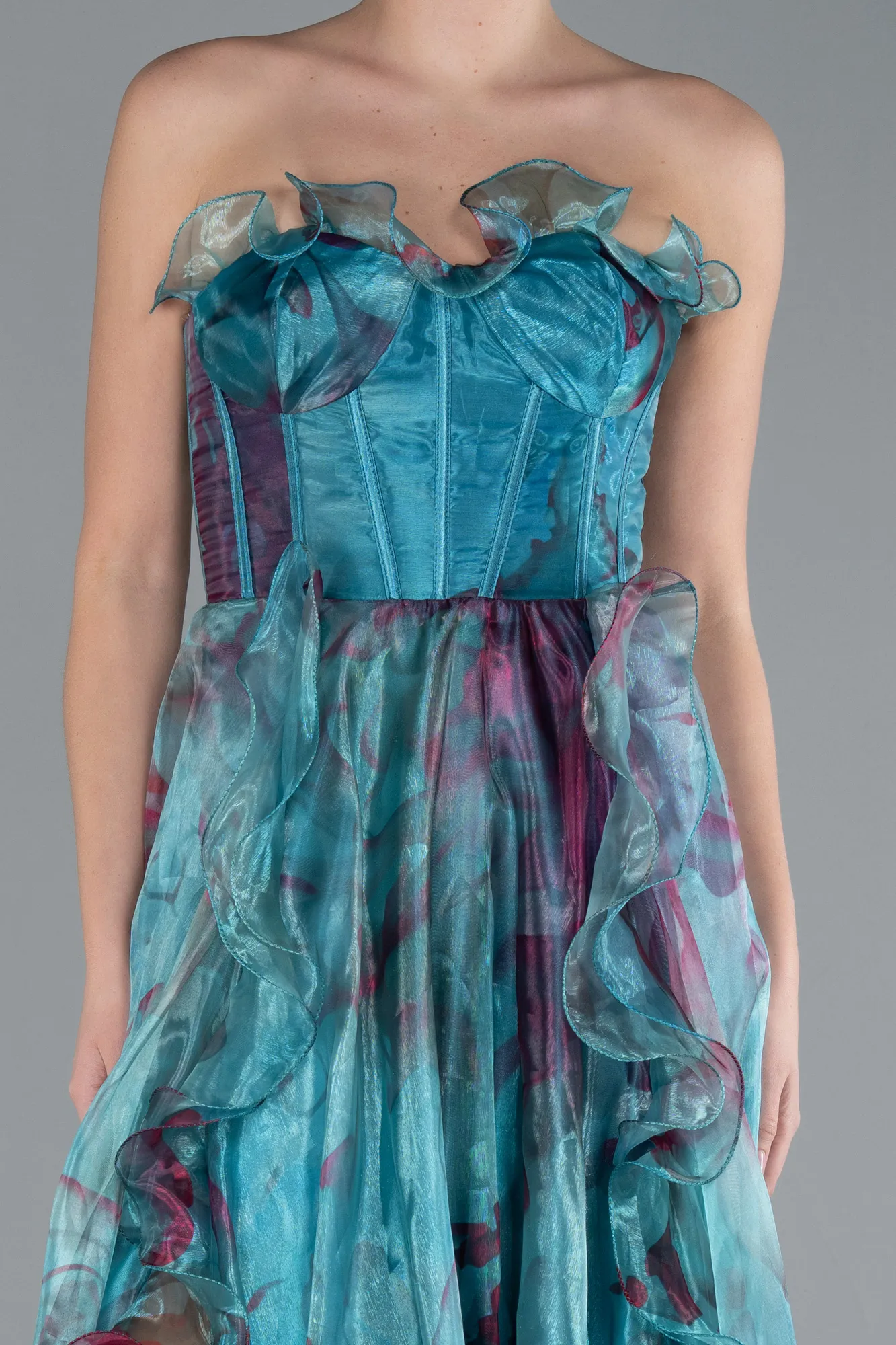 Oil Green-Strapless Printed Slit Long Prom Gown ABU4734