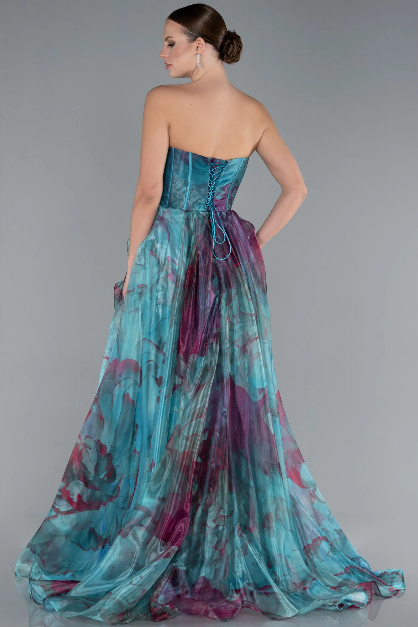 Oil Green-Strapless Printed Slit Long Prom Gown ABU4734