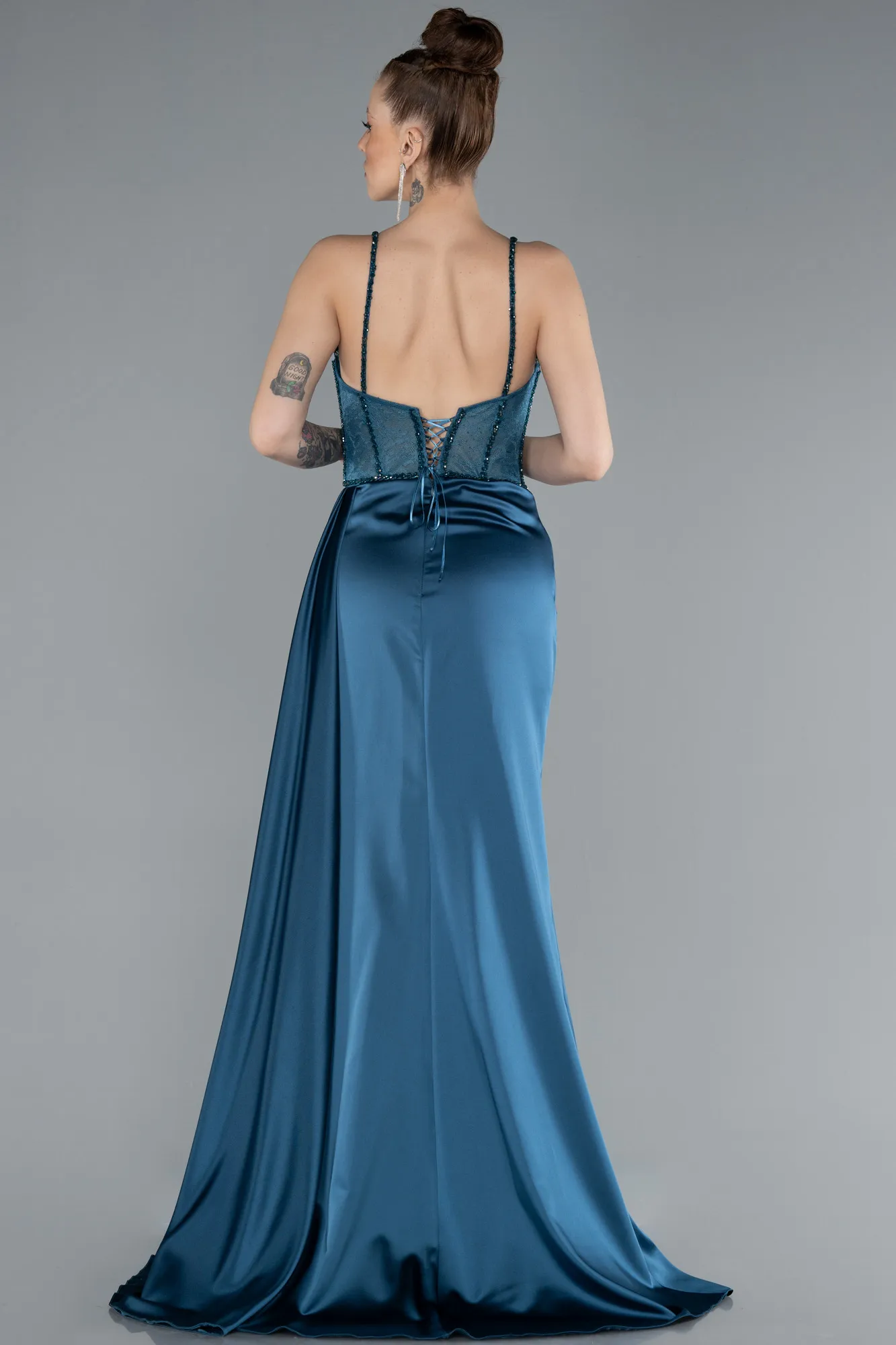 Oil Green-Transparent Slit Long Satin Evening Gown ABU3030