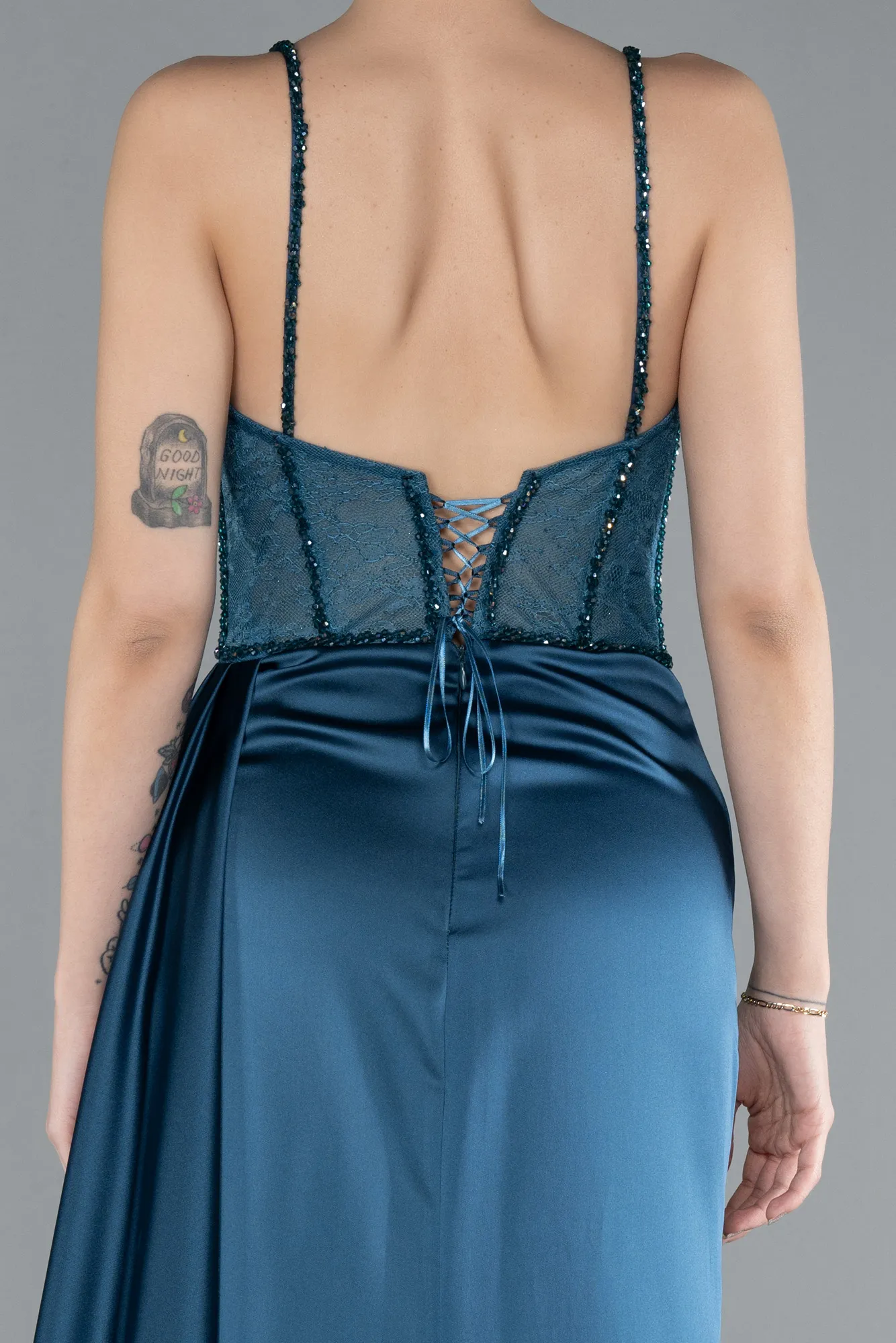 Oil Green-Transparent Slit Long Satin Evening Gown ABU3030