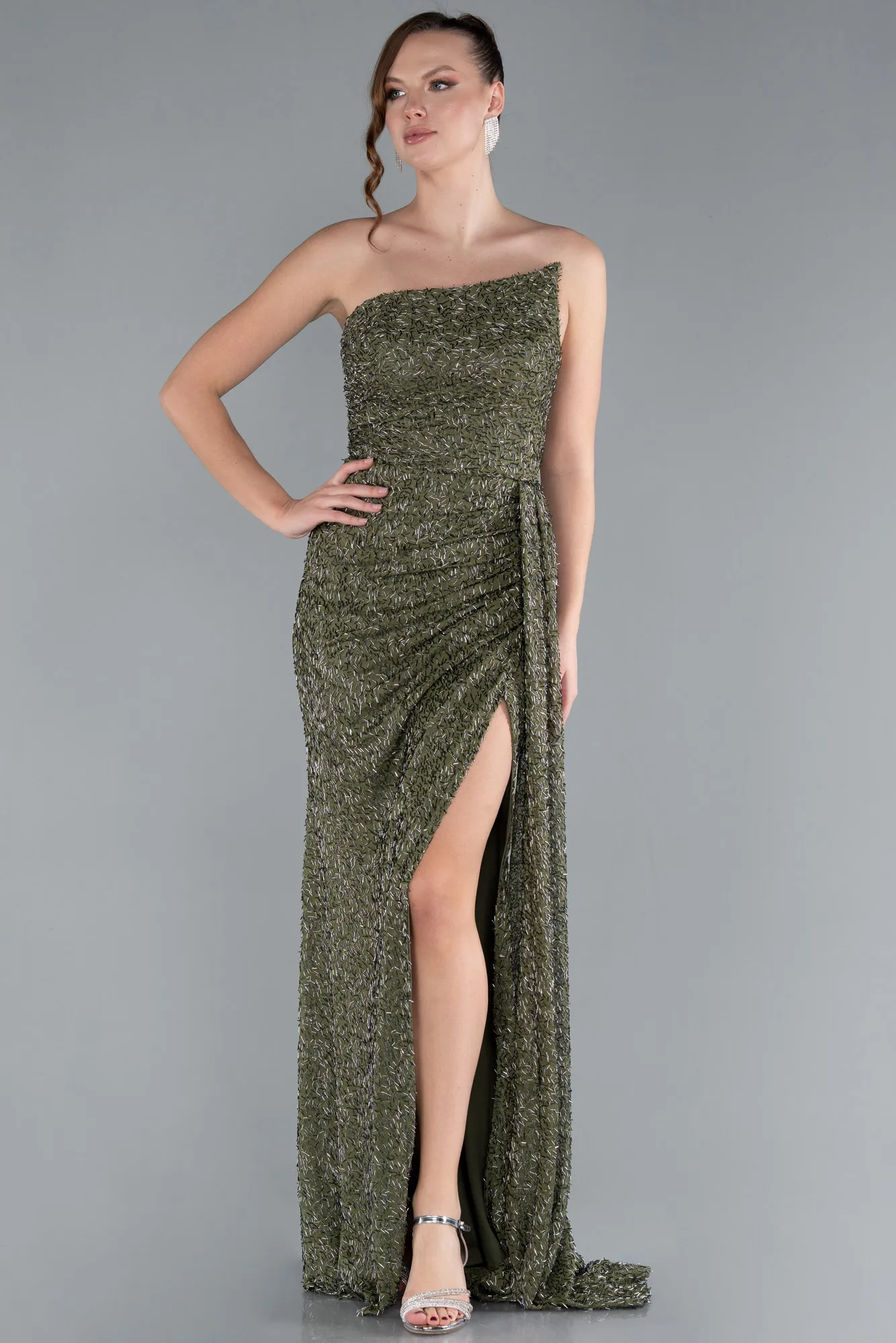 Olive Drab-Asymmetrical Strapless Slit Long Beaded Evening Gown ABU4744