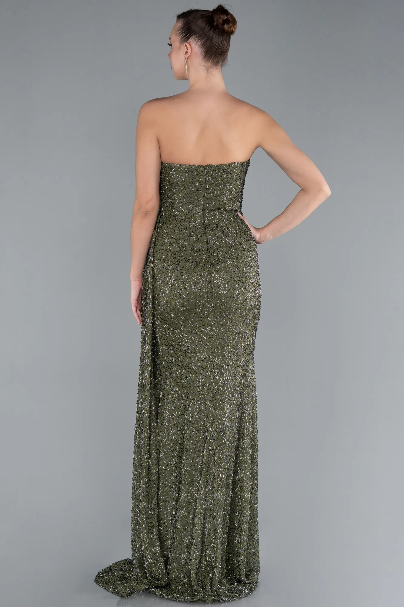 Olive Drab-Asymmetrical Strapless Slit Long Beaded Evening Gown ABU4744