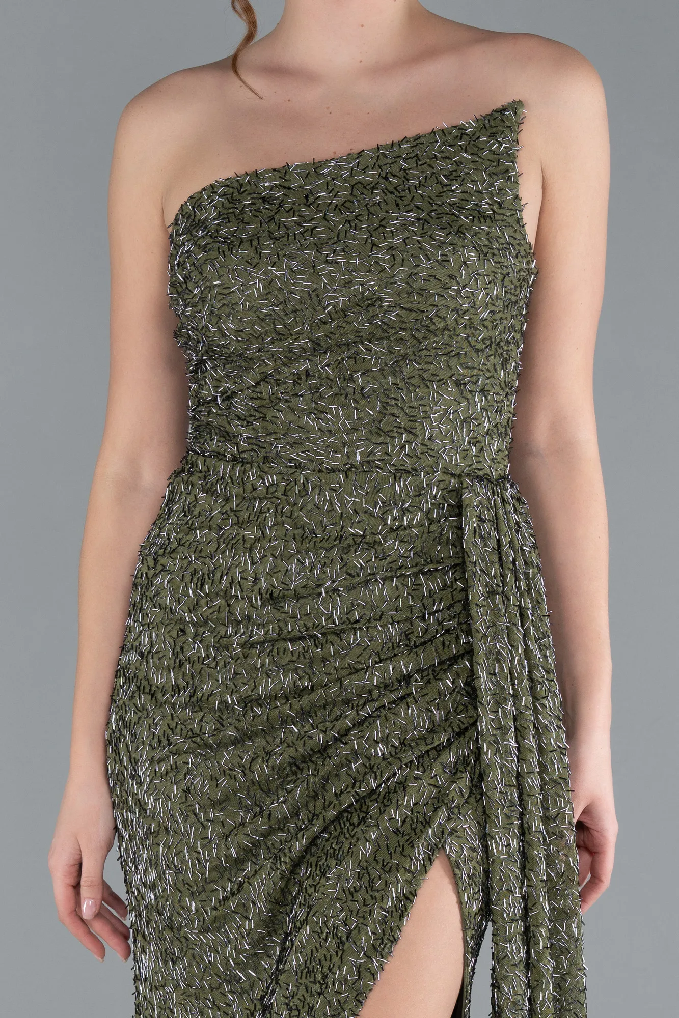 Olive Drab-Asymmetrical Strapless Slit Long Beaded Evening Gown ABU4744
