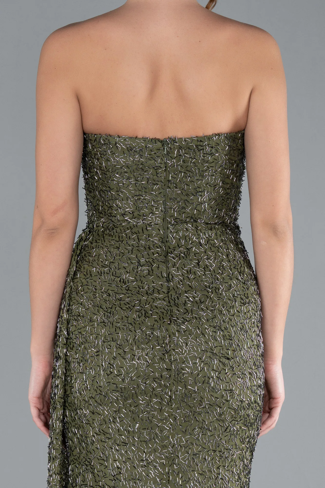 Olive Drab-Asymmetrical Strapless Slit Long Beaded Evening Gown ABU4744