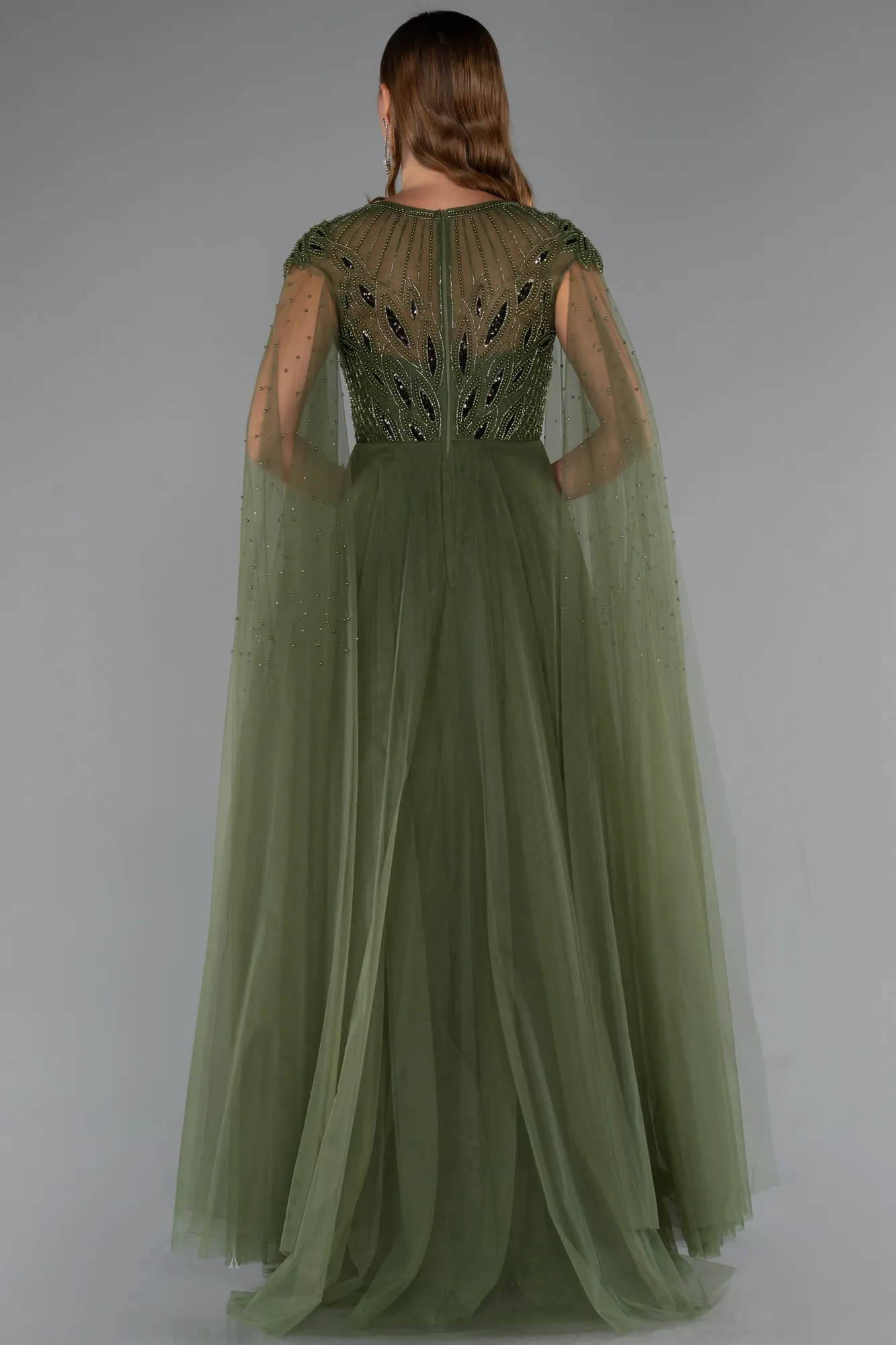 Olive Drab-Beaded Cape Long Haute Couture Dress ABU4707