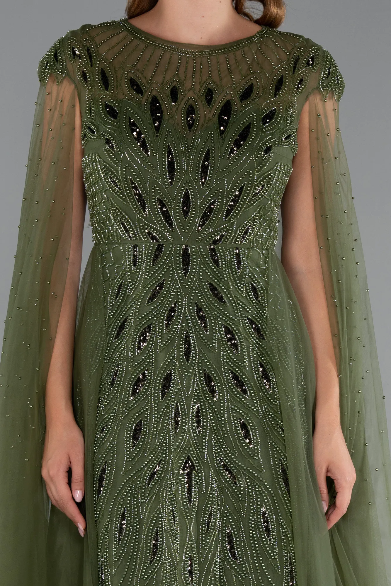 Olive Drab-Beaded Cape Long Haute Couture Dress ABU4707