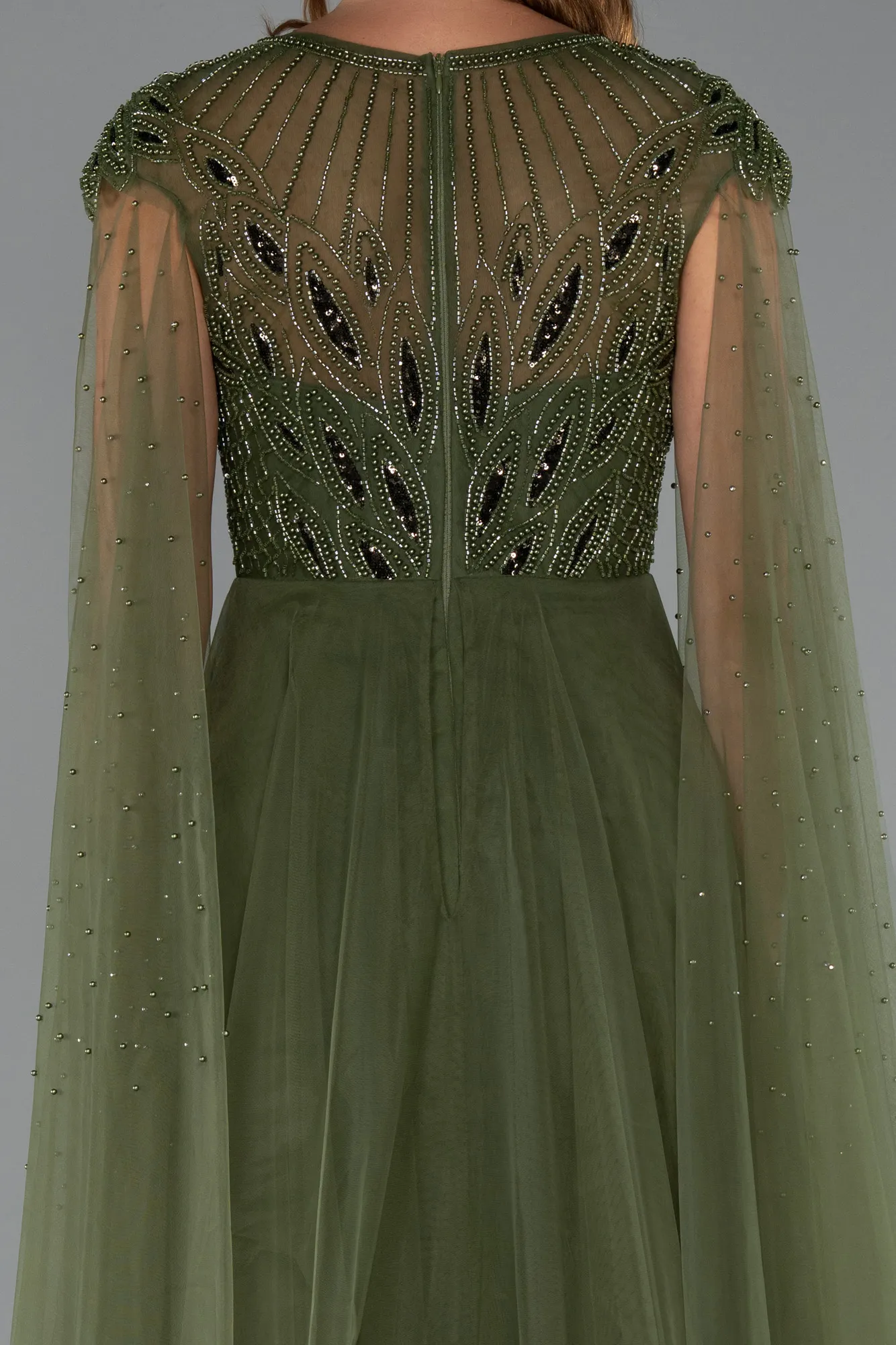 Olive Drab-Beaded Cape Long Haute Couture Dress ABU4707