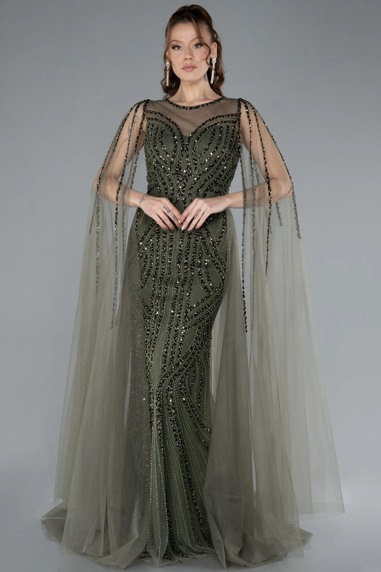 Olive Drab-Beaded Cape Long Haute Couture Dress ABU4709