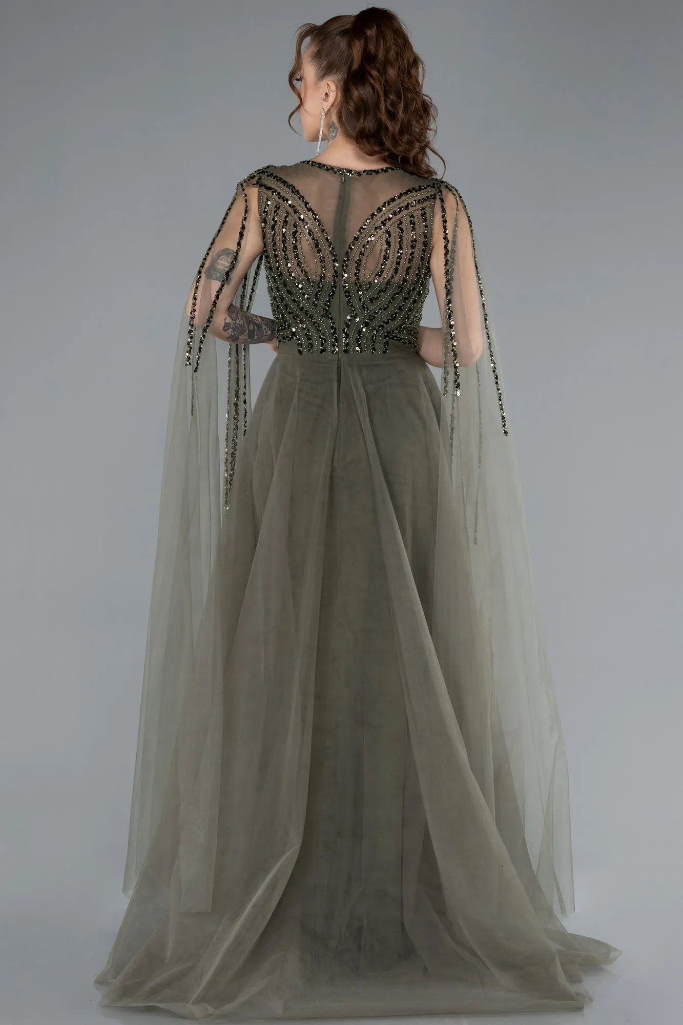 Olive Drab-Beaded Cape Long Haute Couture Dress ABU4709