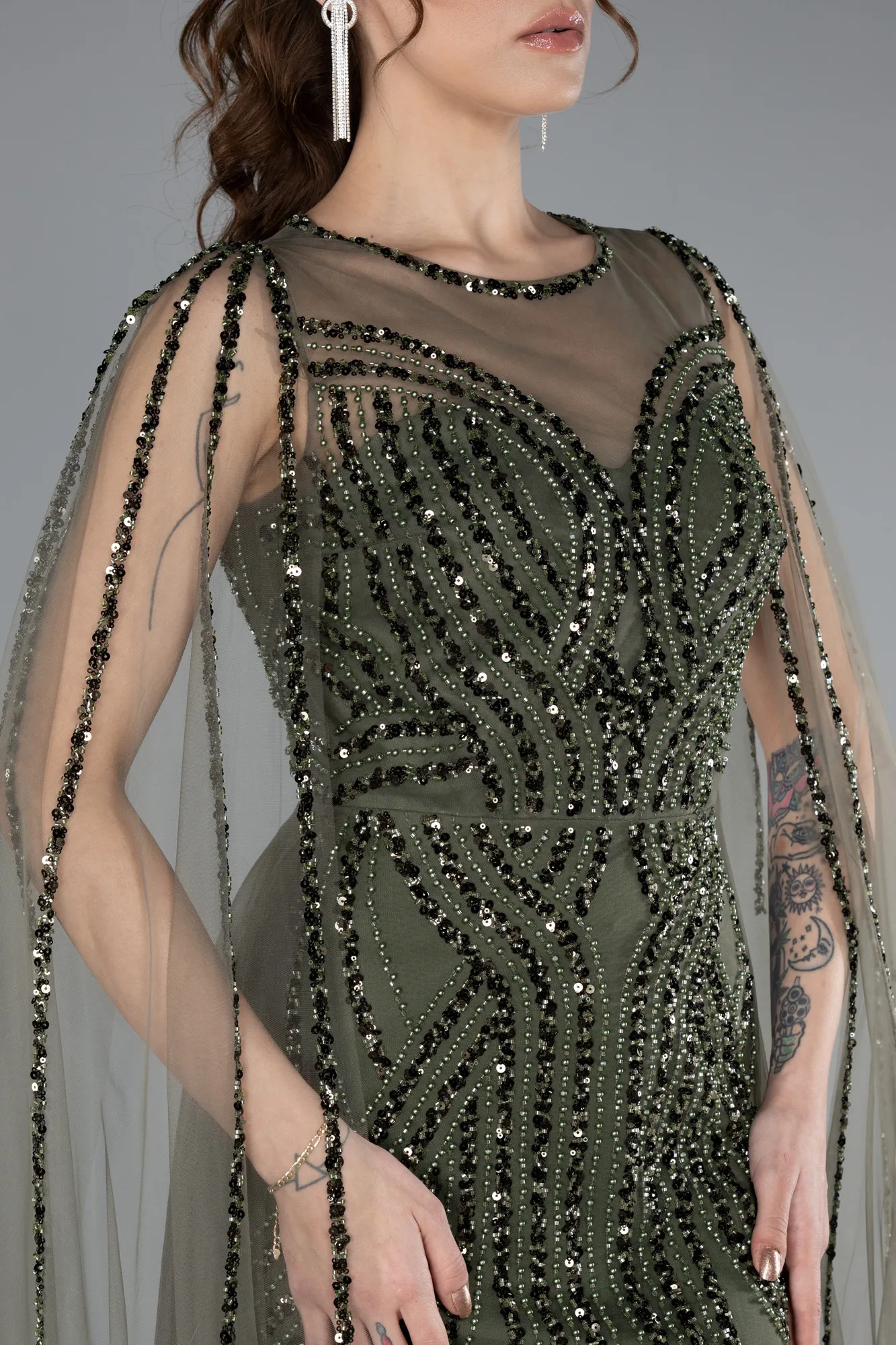 Olive Drab-Beaded Cape Long Haute Couture Dress ABU4709