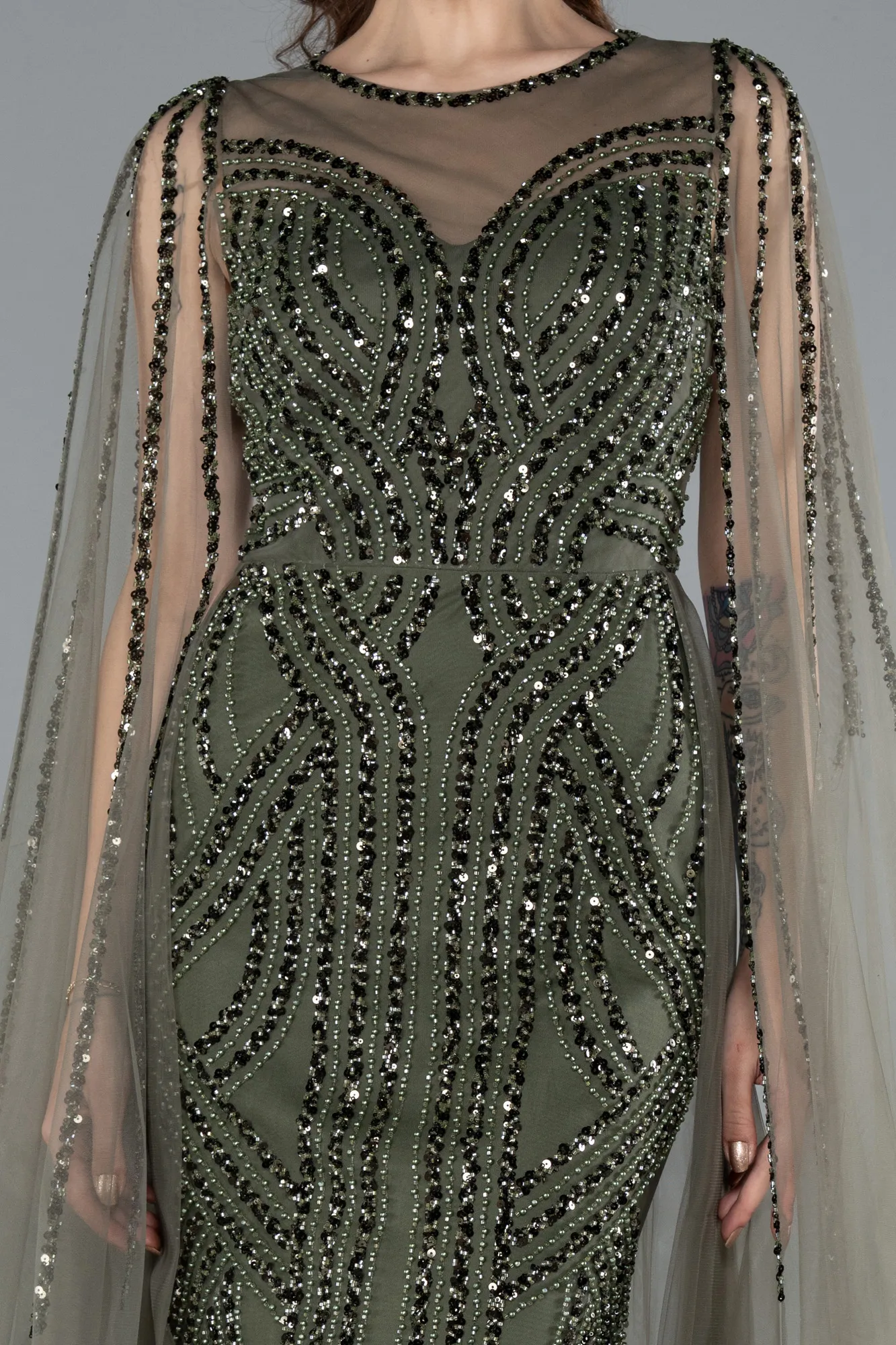 Olive Drab-Beaded Cape Long Haute Couture Dress ABU4709