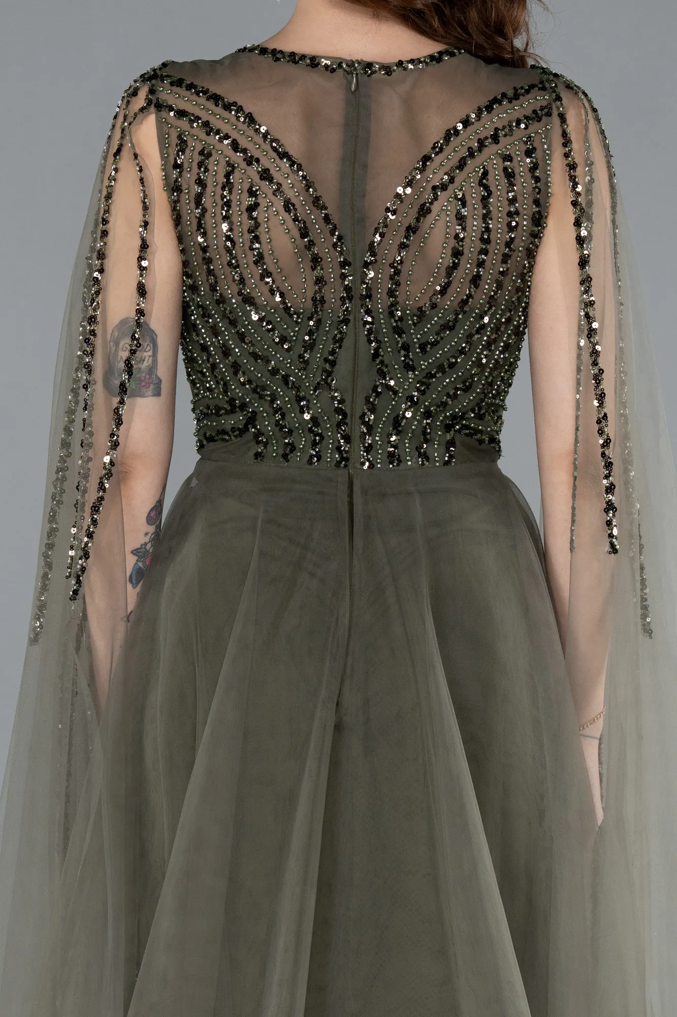 Olive Drab-Beaded Cape Long Haute Couture Dress ABU4709