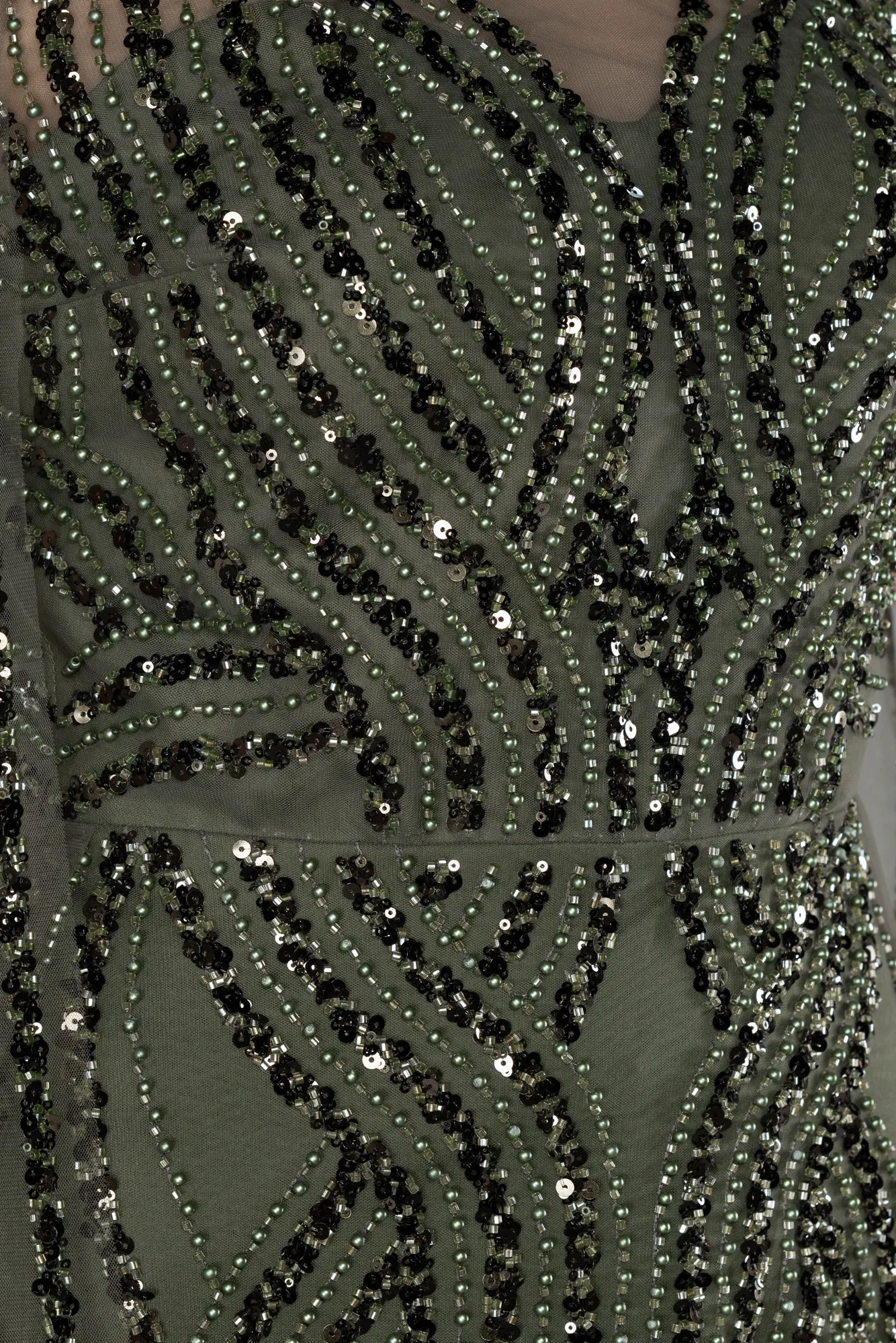 Olive Drab-Beaded Cape Long Haute Couture Dress ABU4709