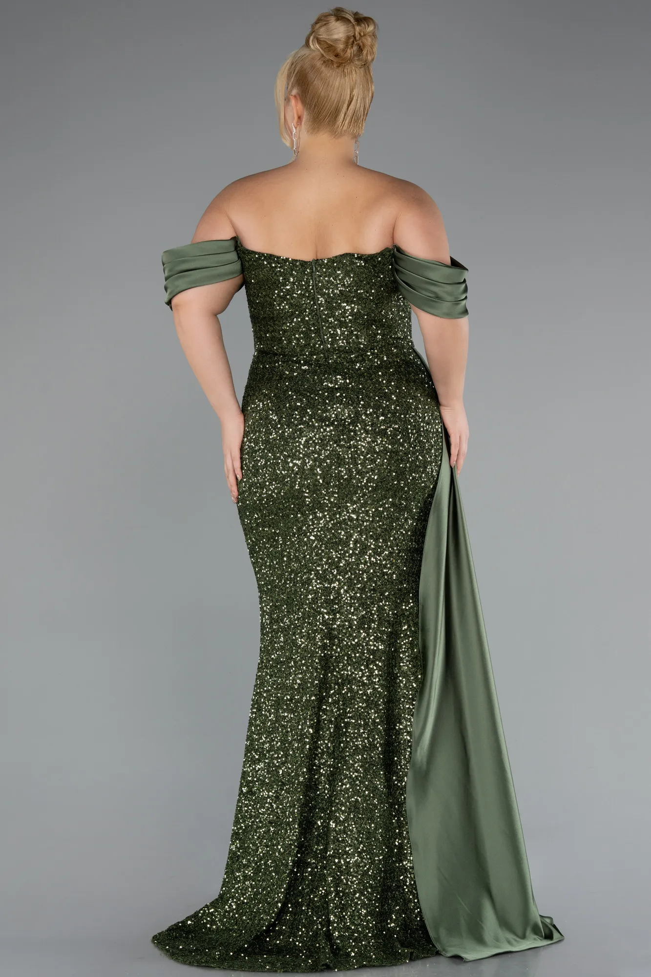 Olive Drab-Boat Neck Long Sequined Plus Size Evening Gown ABU4086