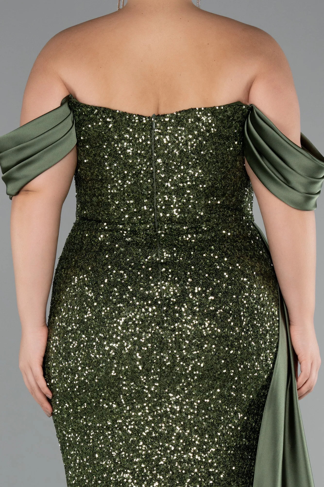 Olive Drab-Boat Neck Long Sequined Plus Size Evening Gown ABU4086