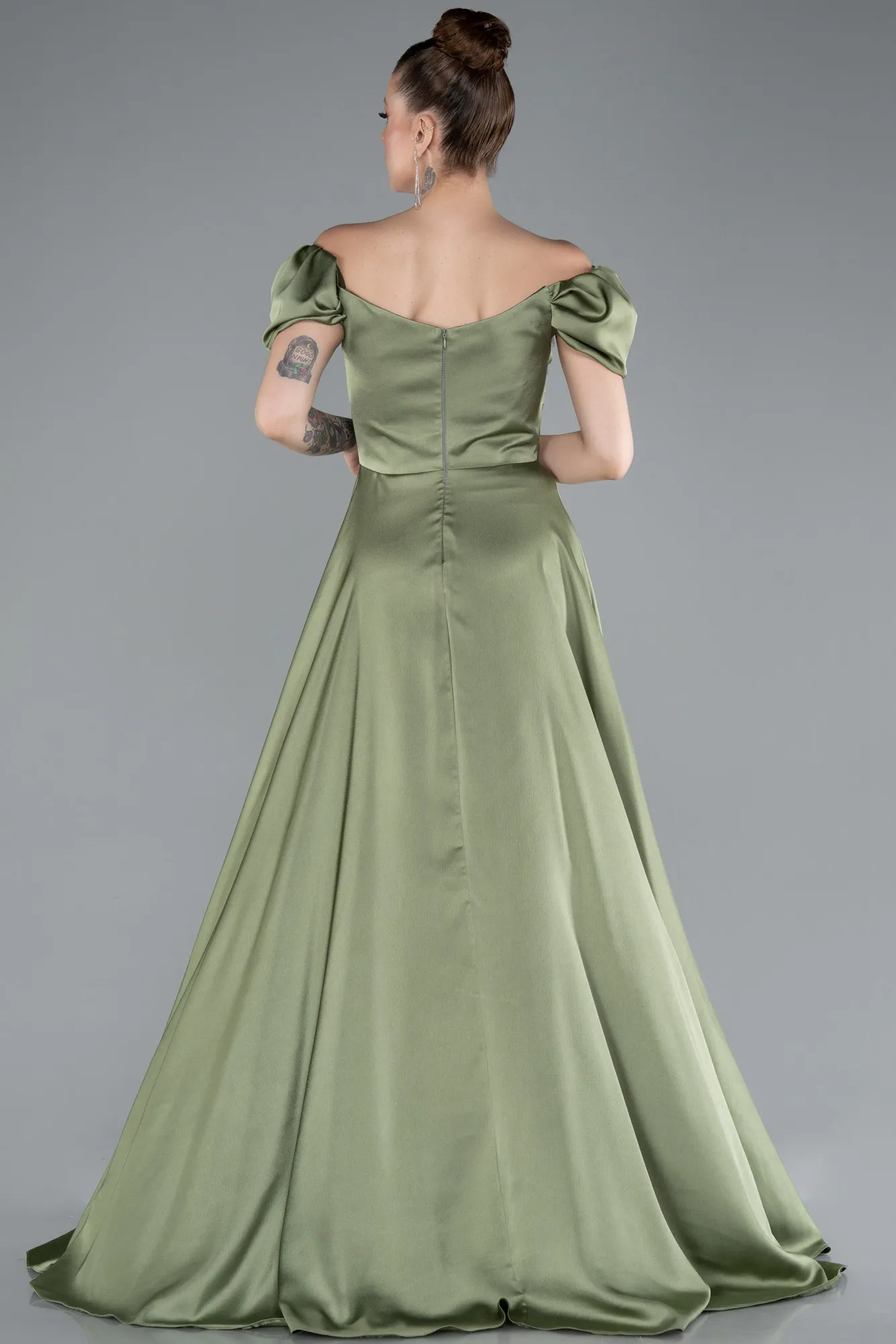 Olive Drab-Boat Neck Slit Long Satin Prom Gown ABU4508