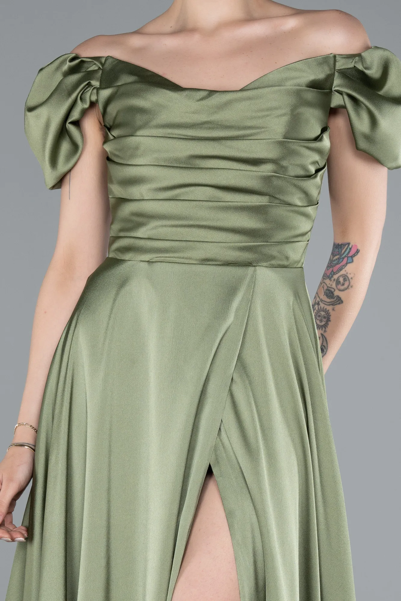 Olive Drab-Boat Neck Slit Long Satin Prom Gown ABU4508