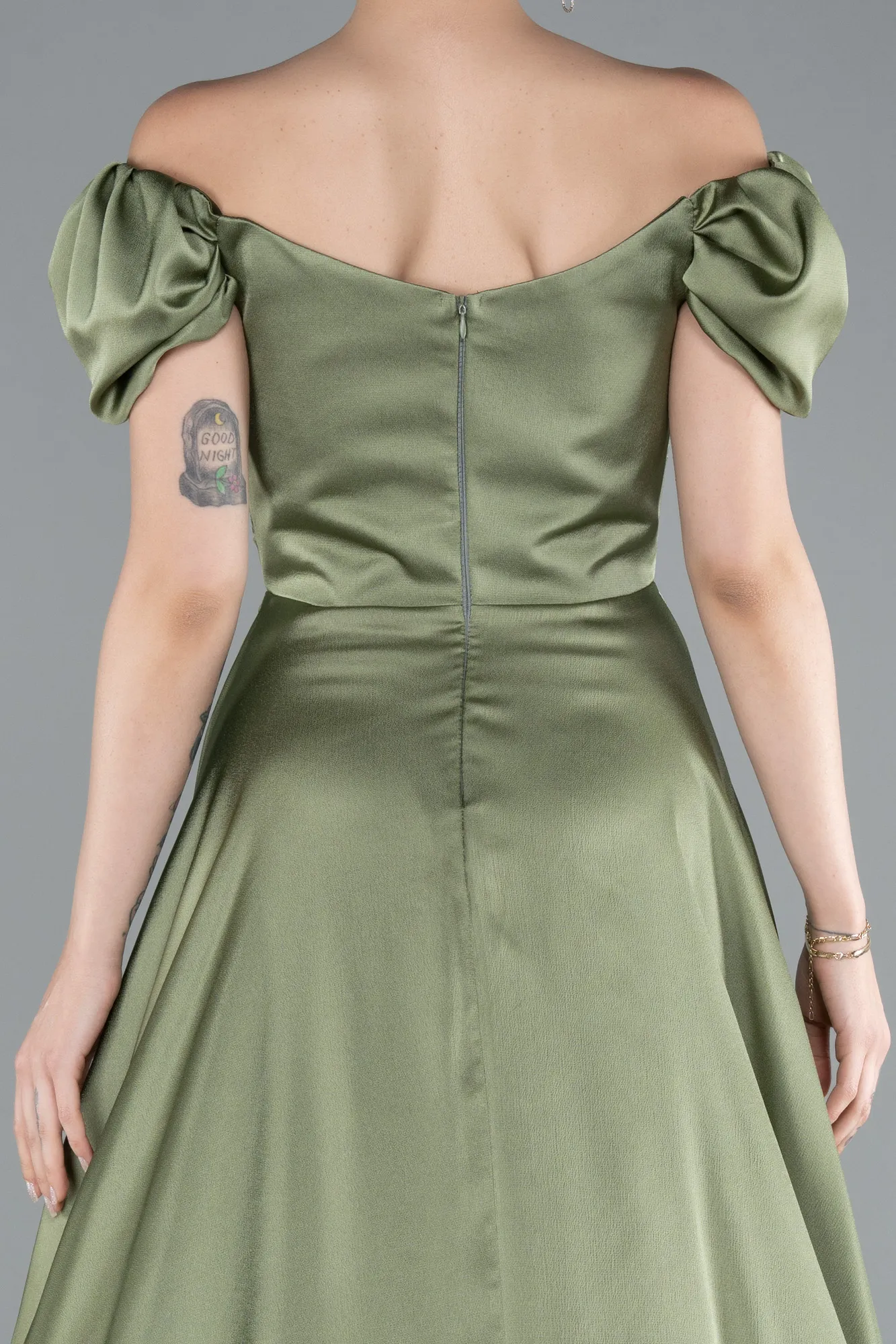 Olive Drab-Boat Neck Slit Long Satin Prom Gown ABU4508