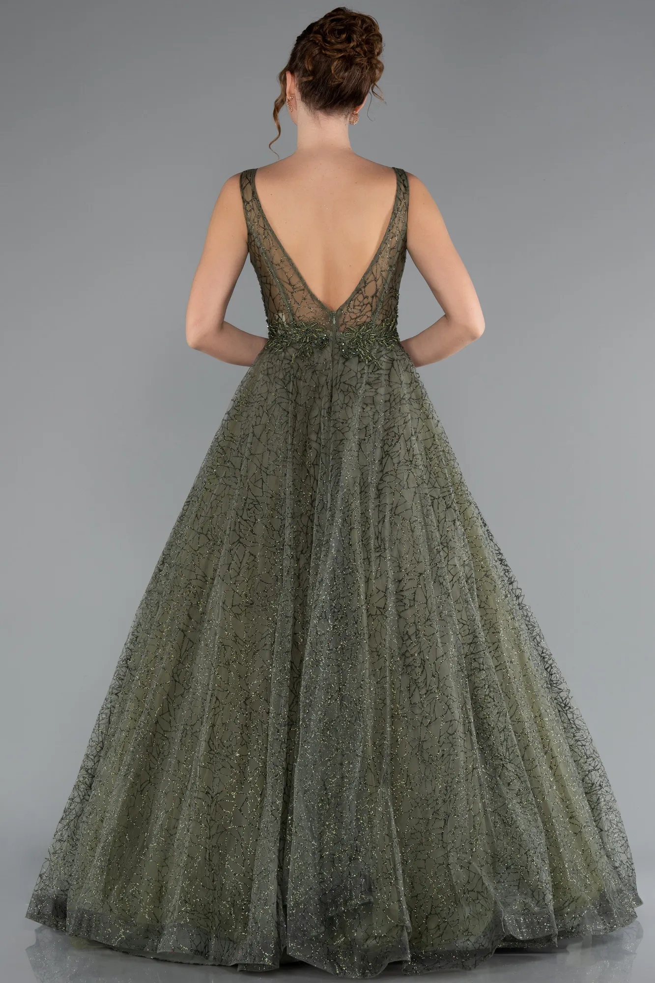 Olive Drab-Embroidered Bodice Dusty Rose Tulle Evening Gown ABU2131