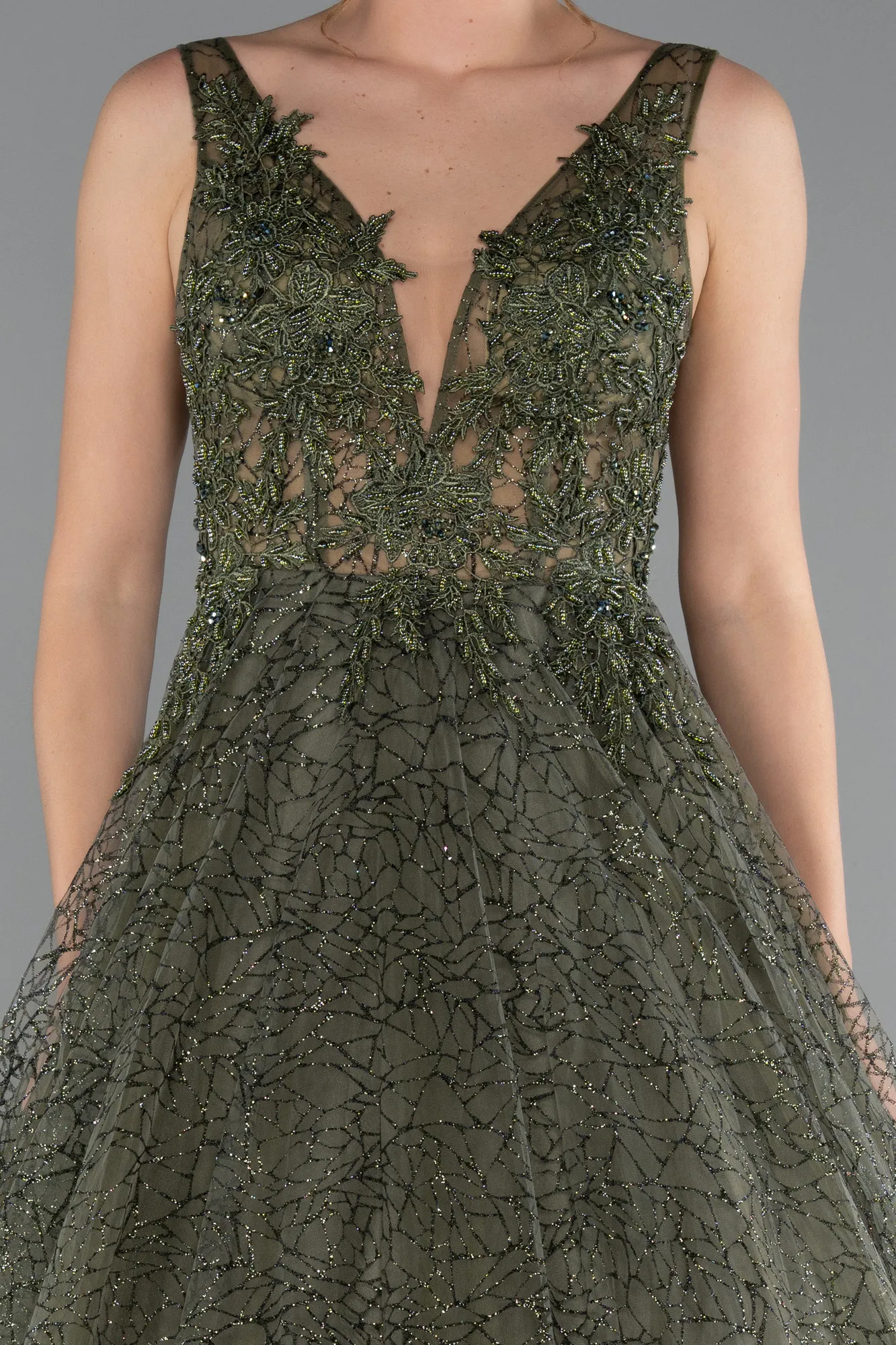 Olive Drab-Embroidered Bodice Dusty Rose Tulle Evening Gown ABU2131