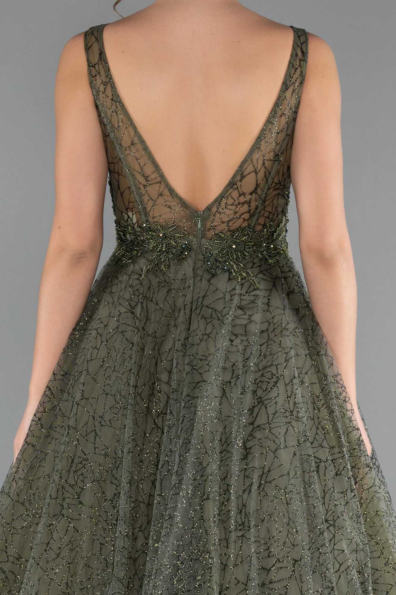 Olive Drab-Embroidered Bodice Dusty Rose Tulle Evening Gown ABU2131