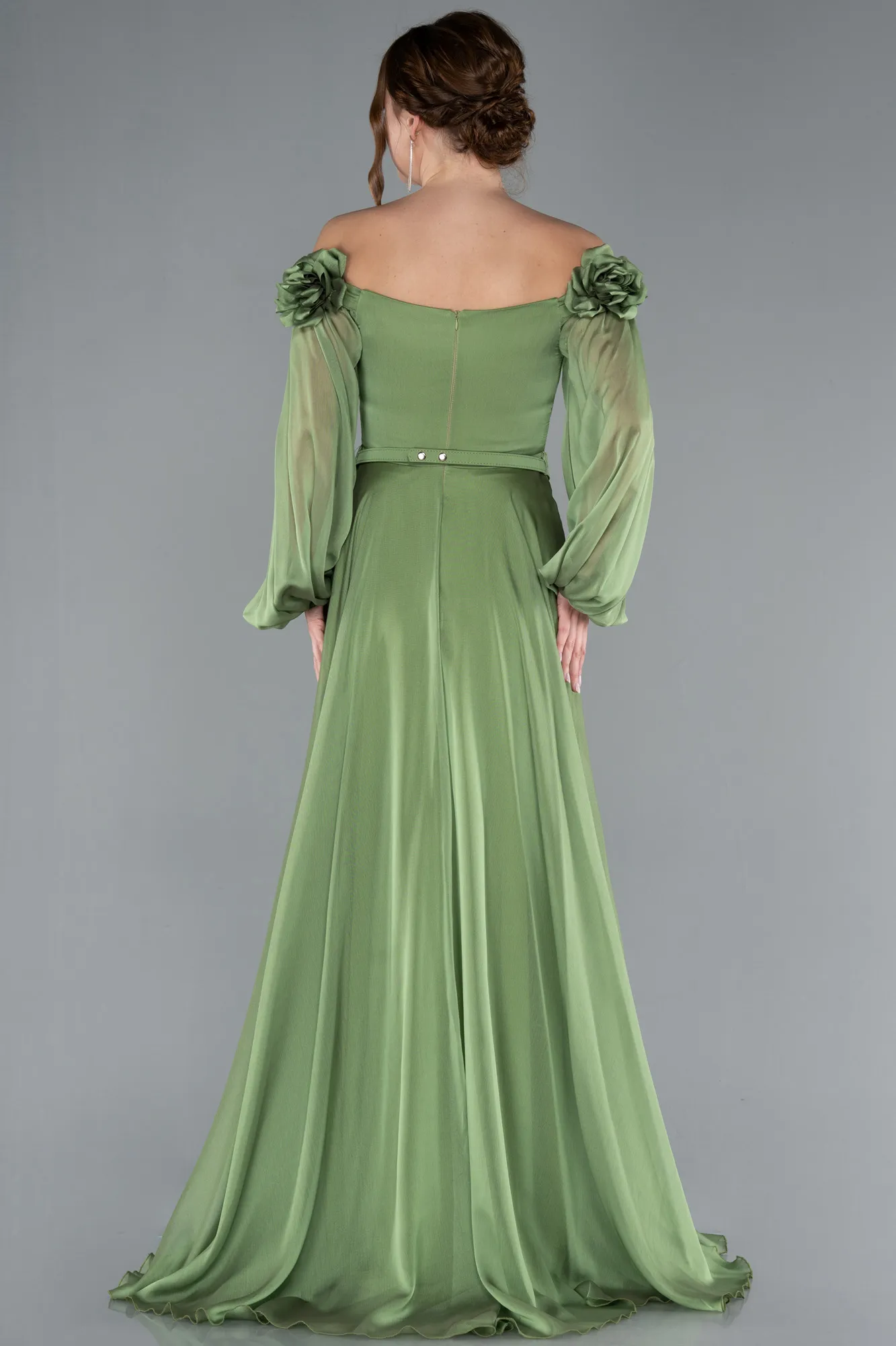Olive Drab-Floral Boat Neck Long Sleeve Chiffon Prom Gown ABU4130