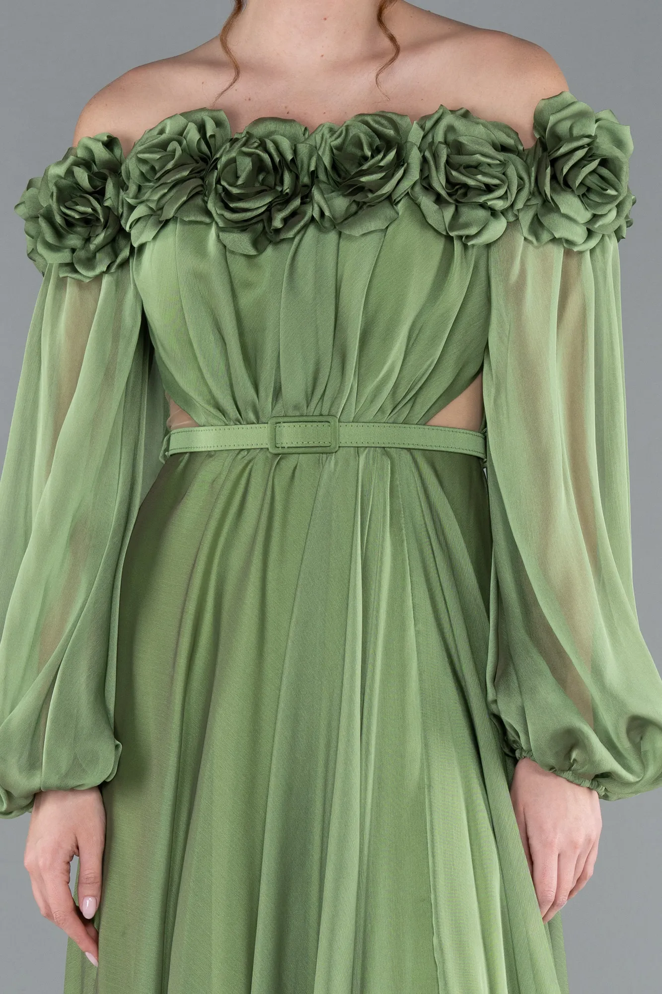 Olive Drab-Floral Boat Neck Long Sleeve Chiffon Prom Gown ABU4130