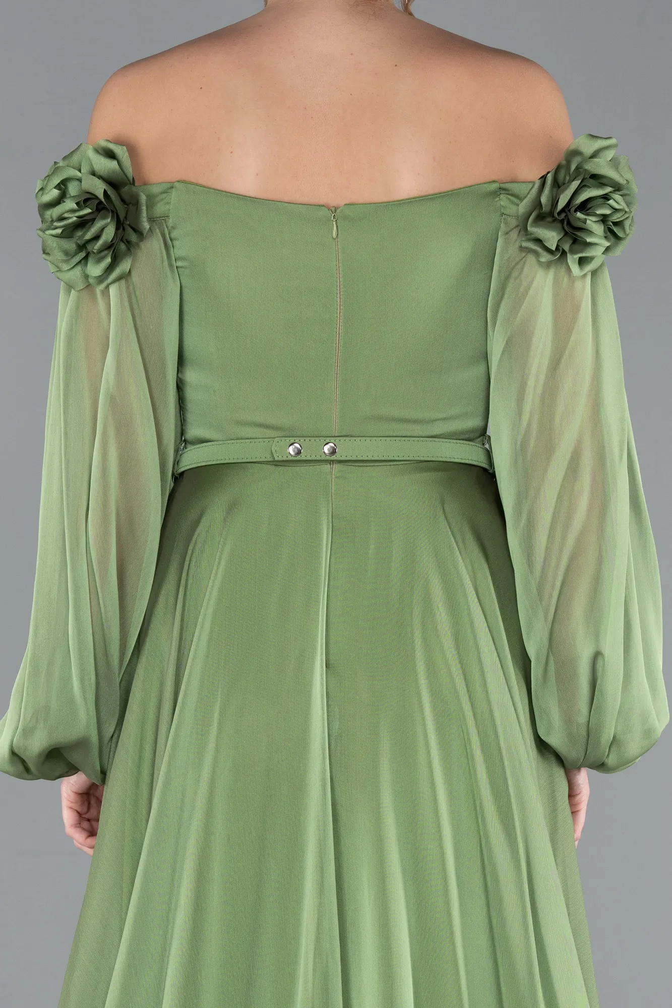 Olive Drab-Floral Boat Neck Long Sleeve Chiffon Prom Gown ABU4130