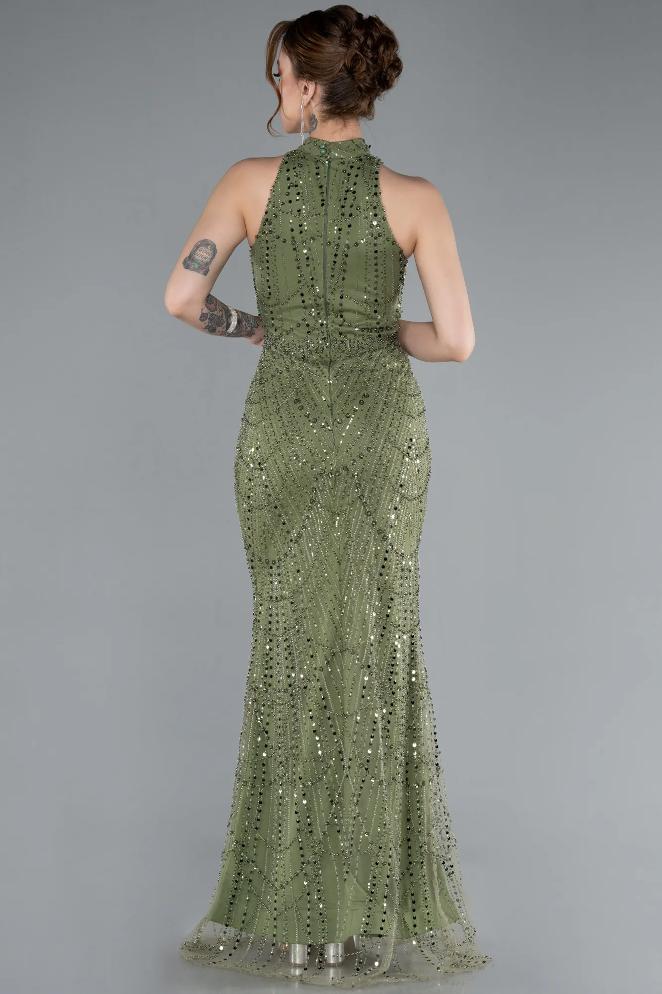 Olive Drab-Halter Neck Long Beaded Mermaid Evening Gown ABU4791