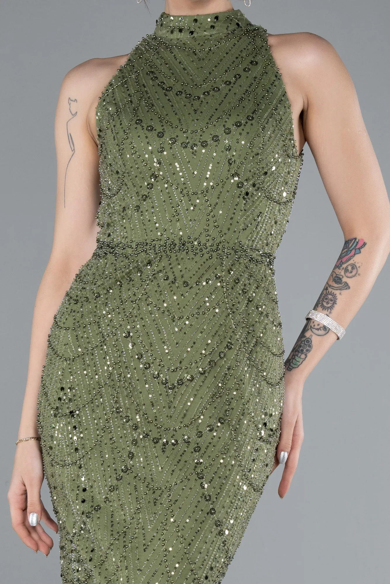 Olive Drab-Halter Neck Long Beaded Mermaid Evening Gown ABU4791