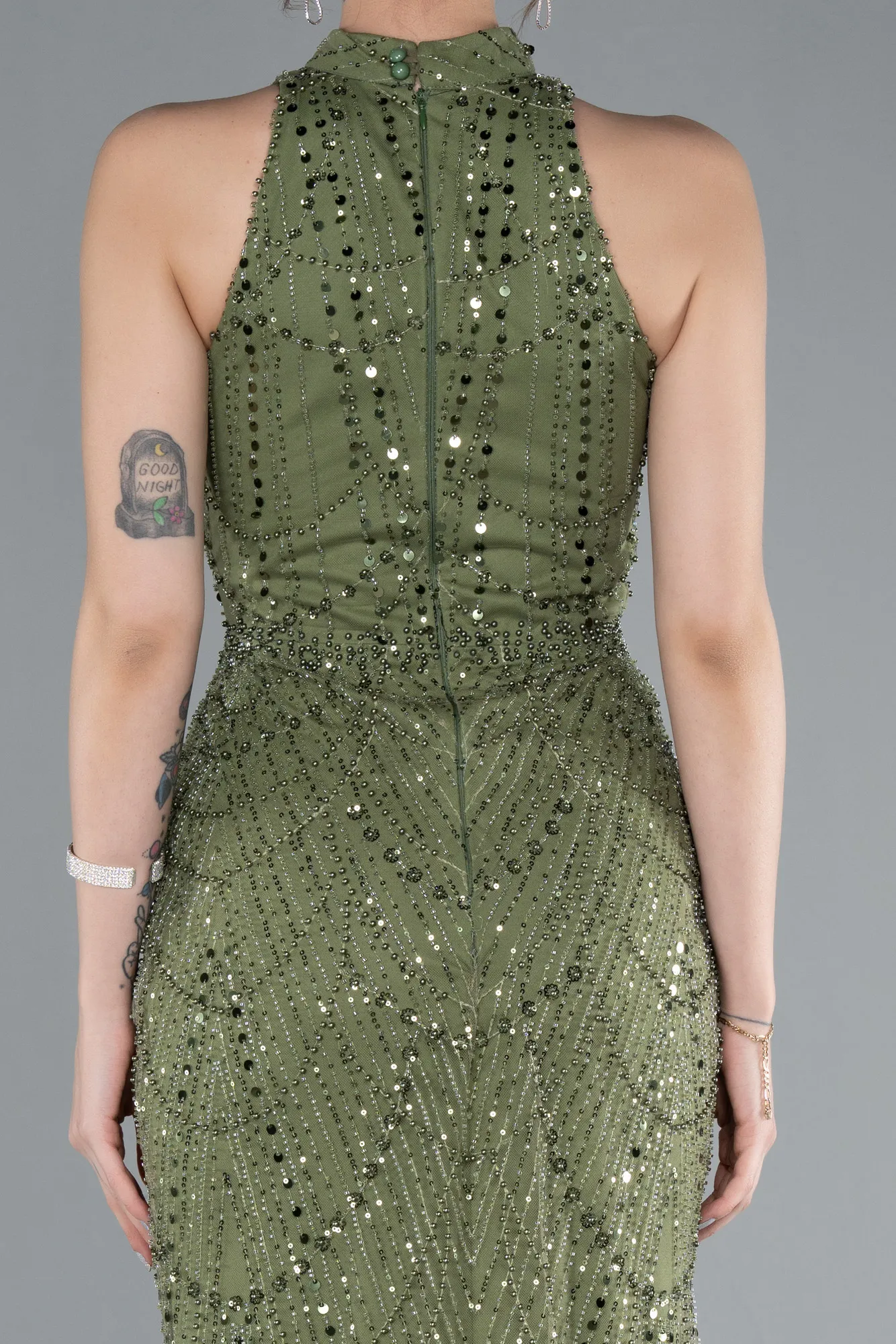 Olive Drab-Halter Neck Long Beaded Mermaid Evening Gown ABU4791