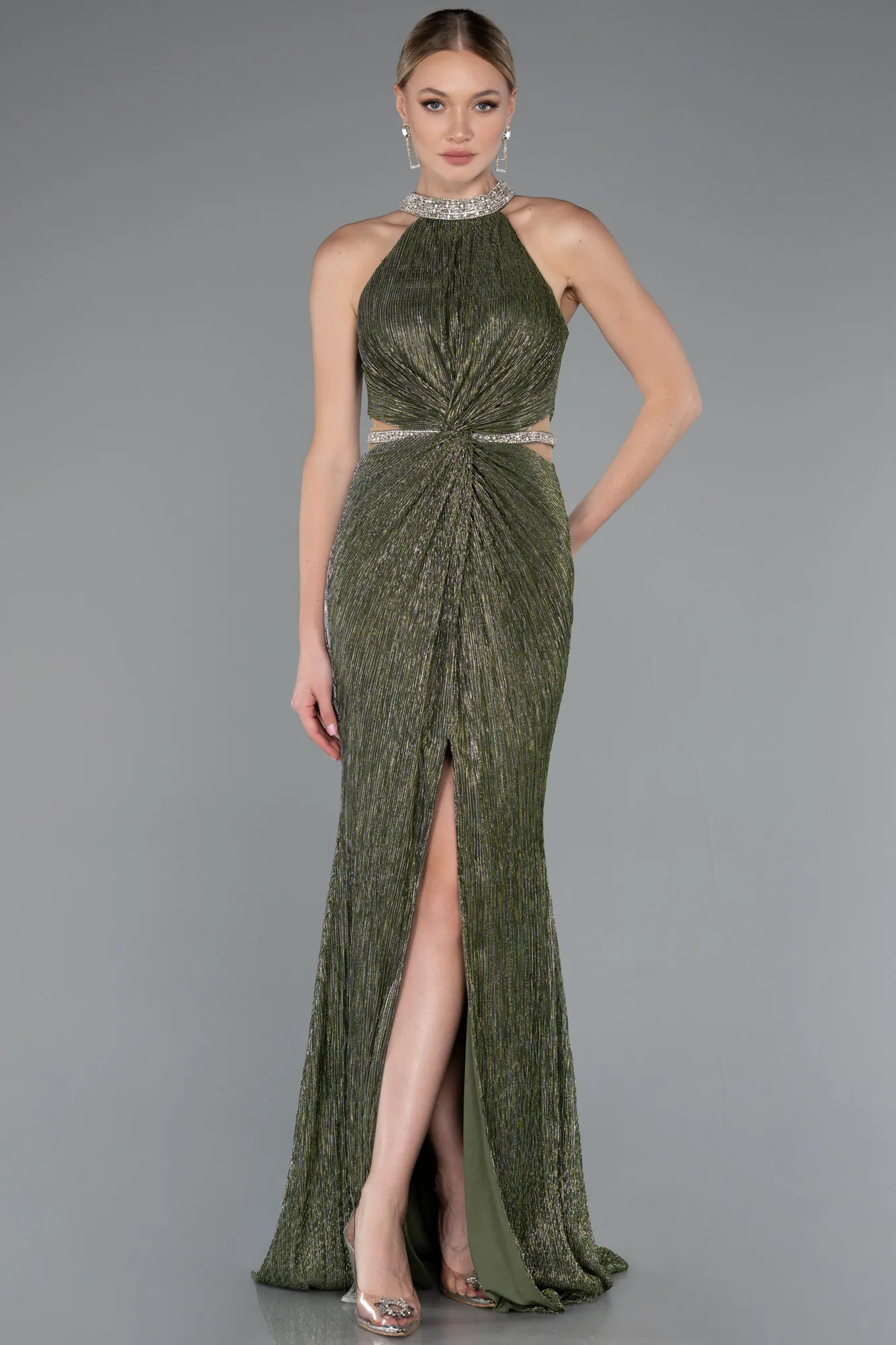 Olive Drab-Halter Neck Slit Long Evening Gown ABU4324