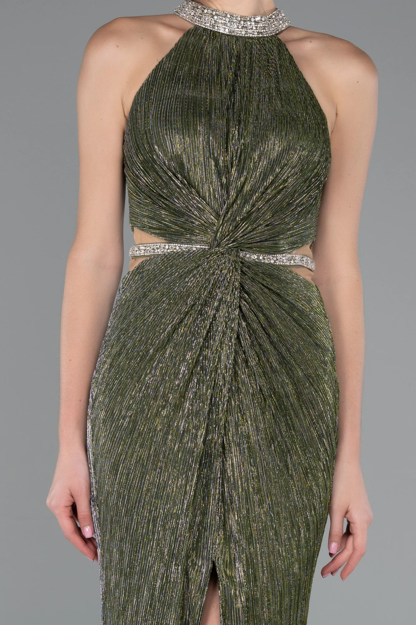 Olive Drab-Halter Neck Slit Long Evening Gown ABU4324