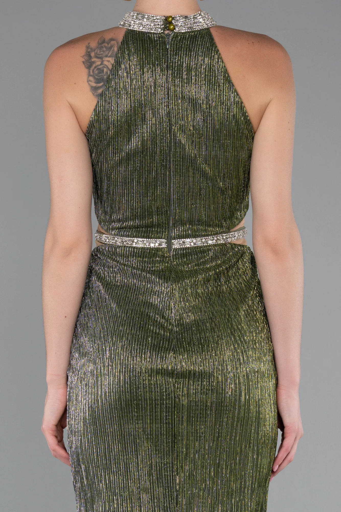 Olive Drab-Halter Neck Slit Long Evening Gown ABU4324