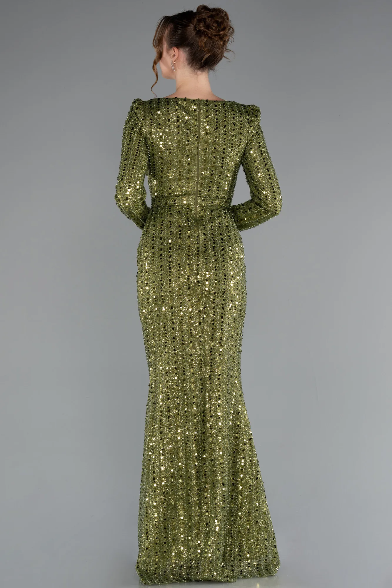 Olive Drab-Long Beaded Evening Dress ABU5021