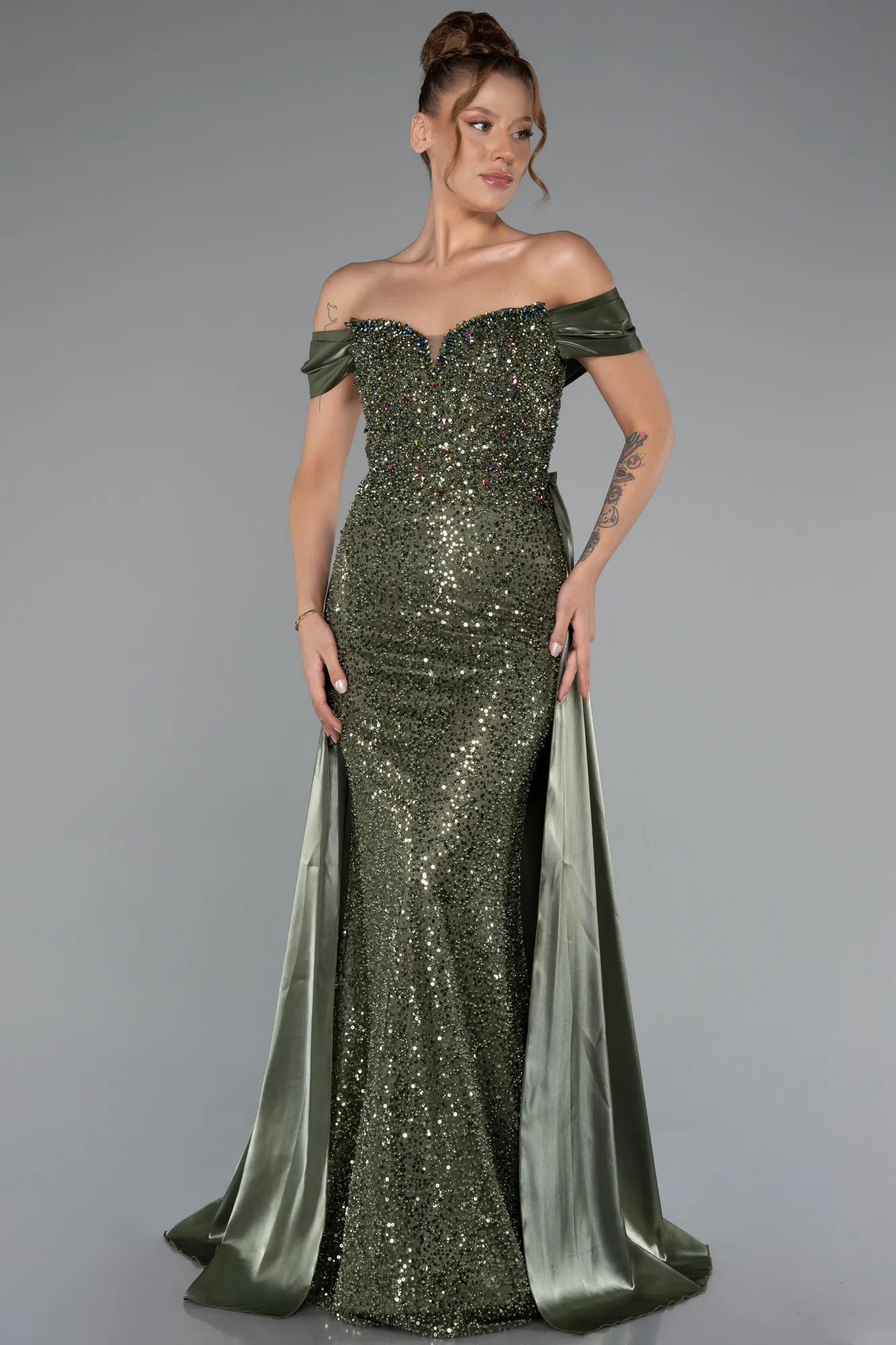 Olive Drab-Long Beaded Evening Dress ABU5099