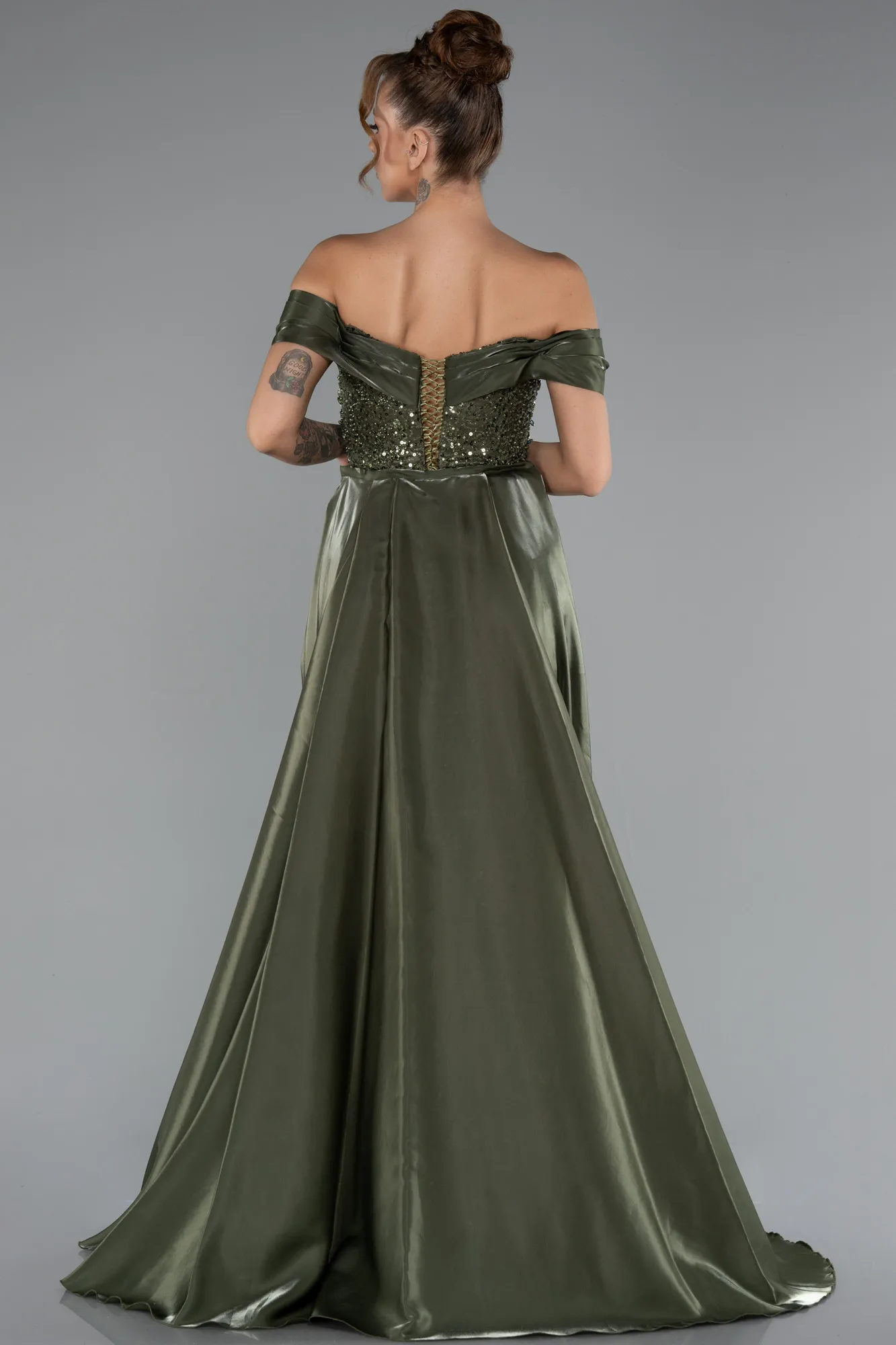 Olive Drab-Long Beaded Evening Dress ABU5099