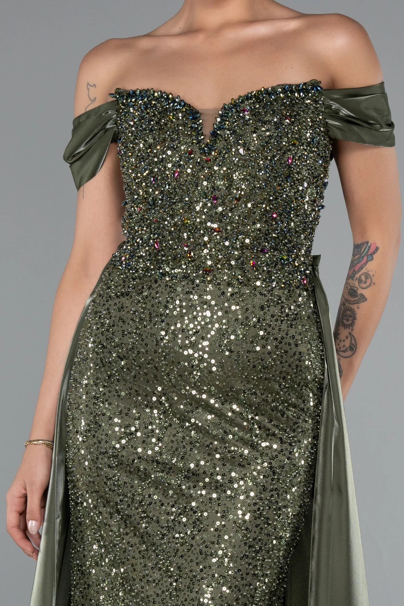 Olive Drab-Long Beaded Evening Dress ABU5099