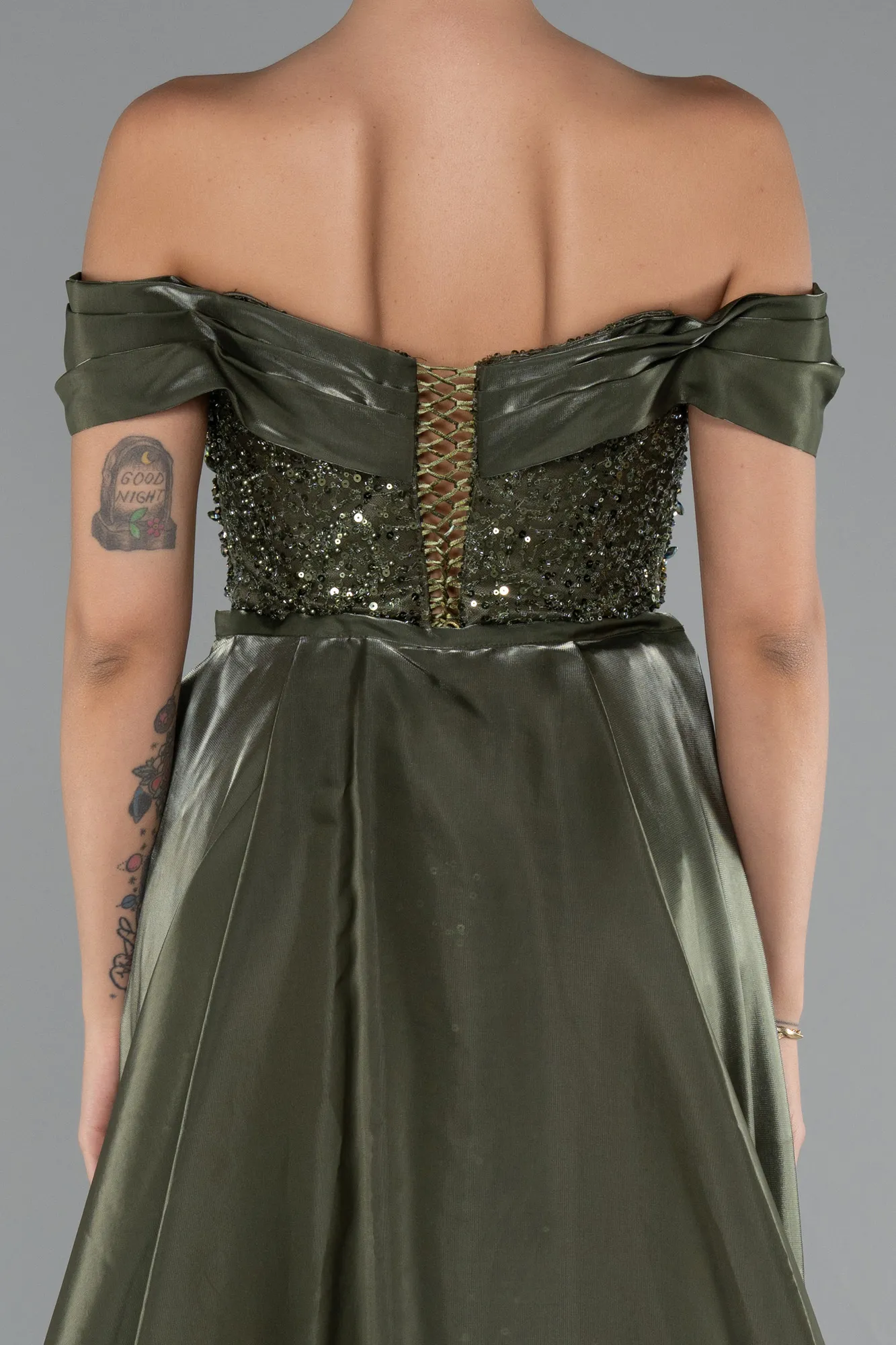 Olive Drab-Long Beaded Evening Dress ABU5099