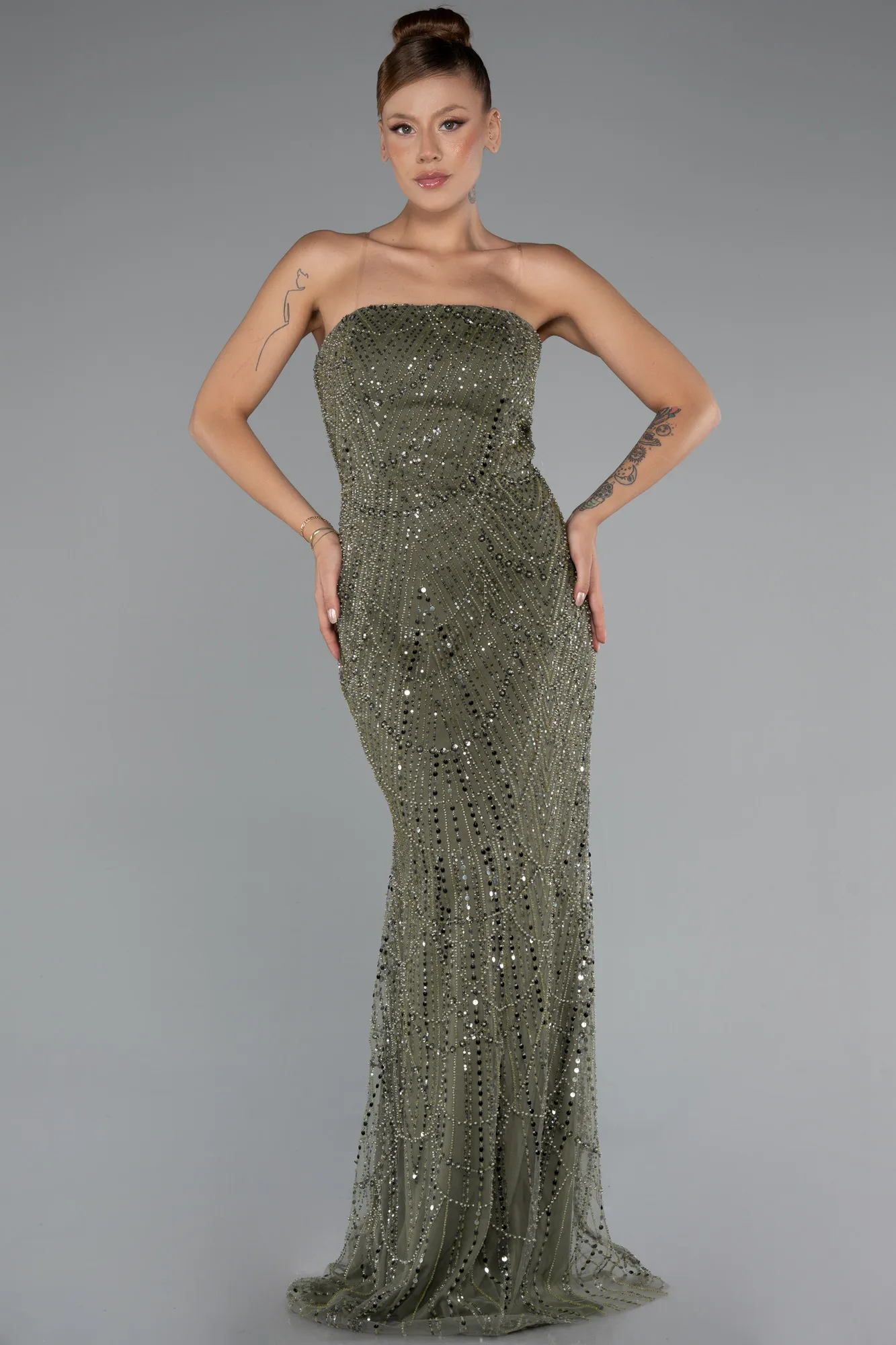 Olive Drab-Long Beaded Evening Dress ABU5141