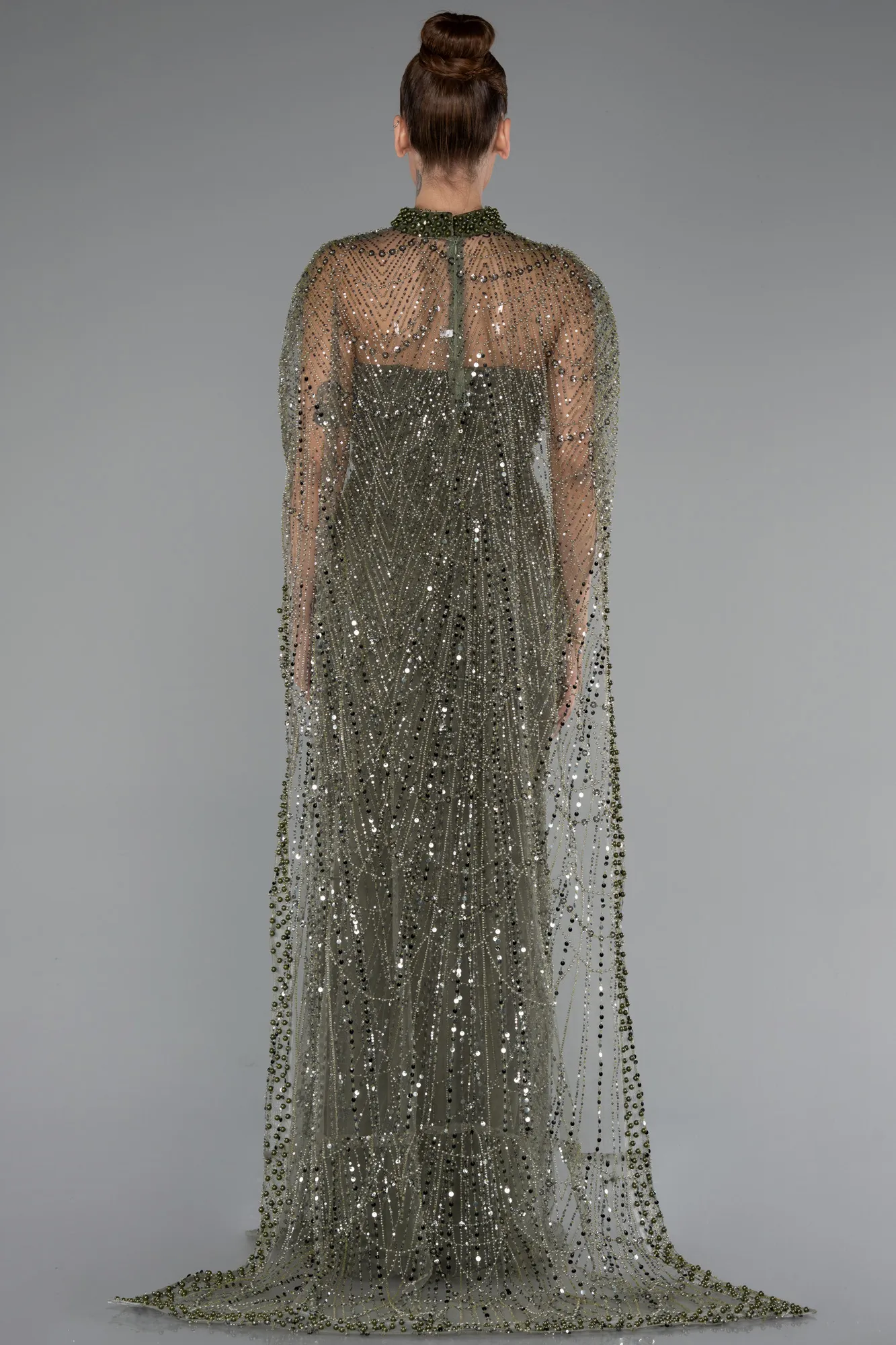 Olive Drab-Long Beaded Evening Dress ABU5141